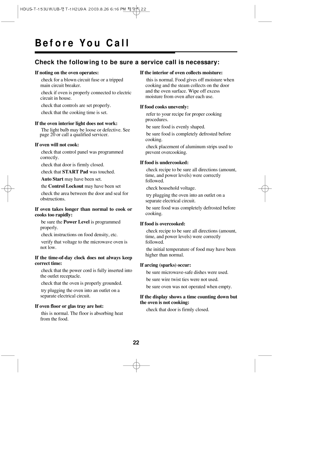 Magic Chef MCO153UB, MCO153UW, MCO153UQ Before You Call, Check the following to be sure a service call is necessary 
