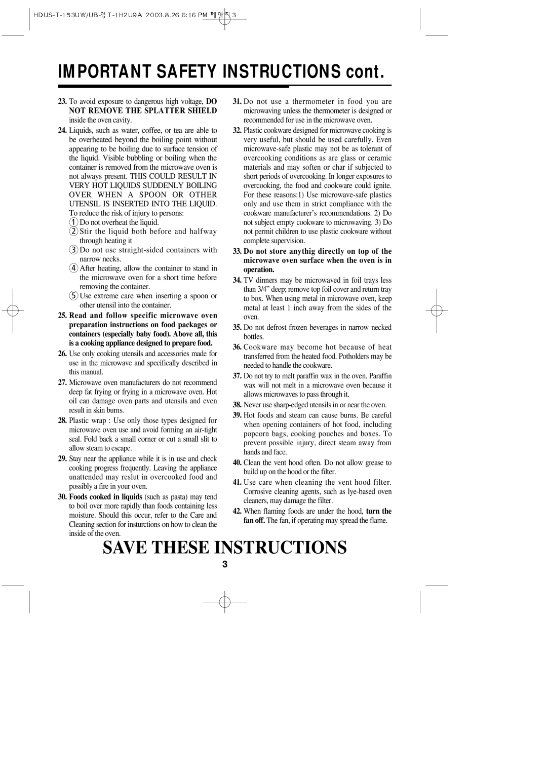 Magic Chef MCO153UQ, MCO153UW Important Safety Instructions, Not Remove the Splatter Shield inside the oven cavity 