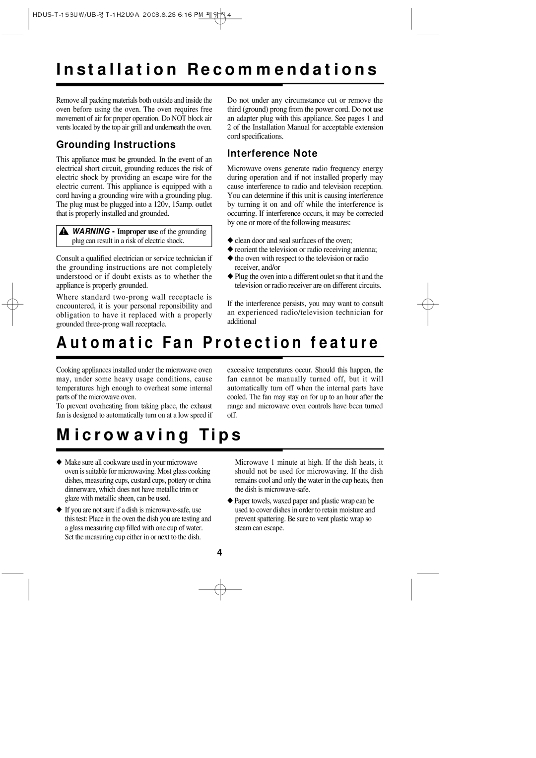 Magic Chef MCO153UB Installation R e c o m m e n d a t i o n s, Automatic Fan Protection feature, C r o w a v i n g Ti p s 