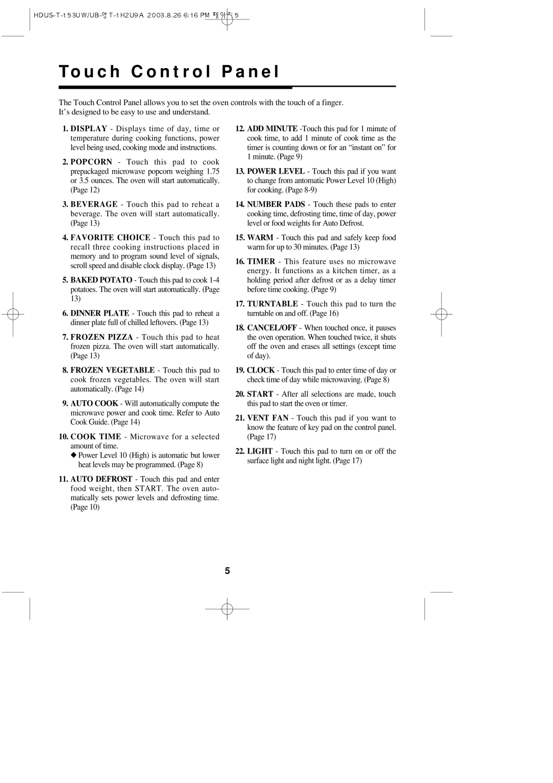 Magic Chef MCO153UW, MCO153UQ, MCO153UB important safety instructions To u c h C o n t r o l P a n e l 