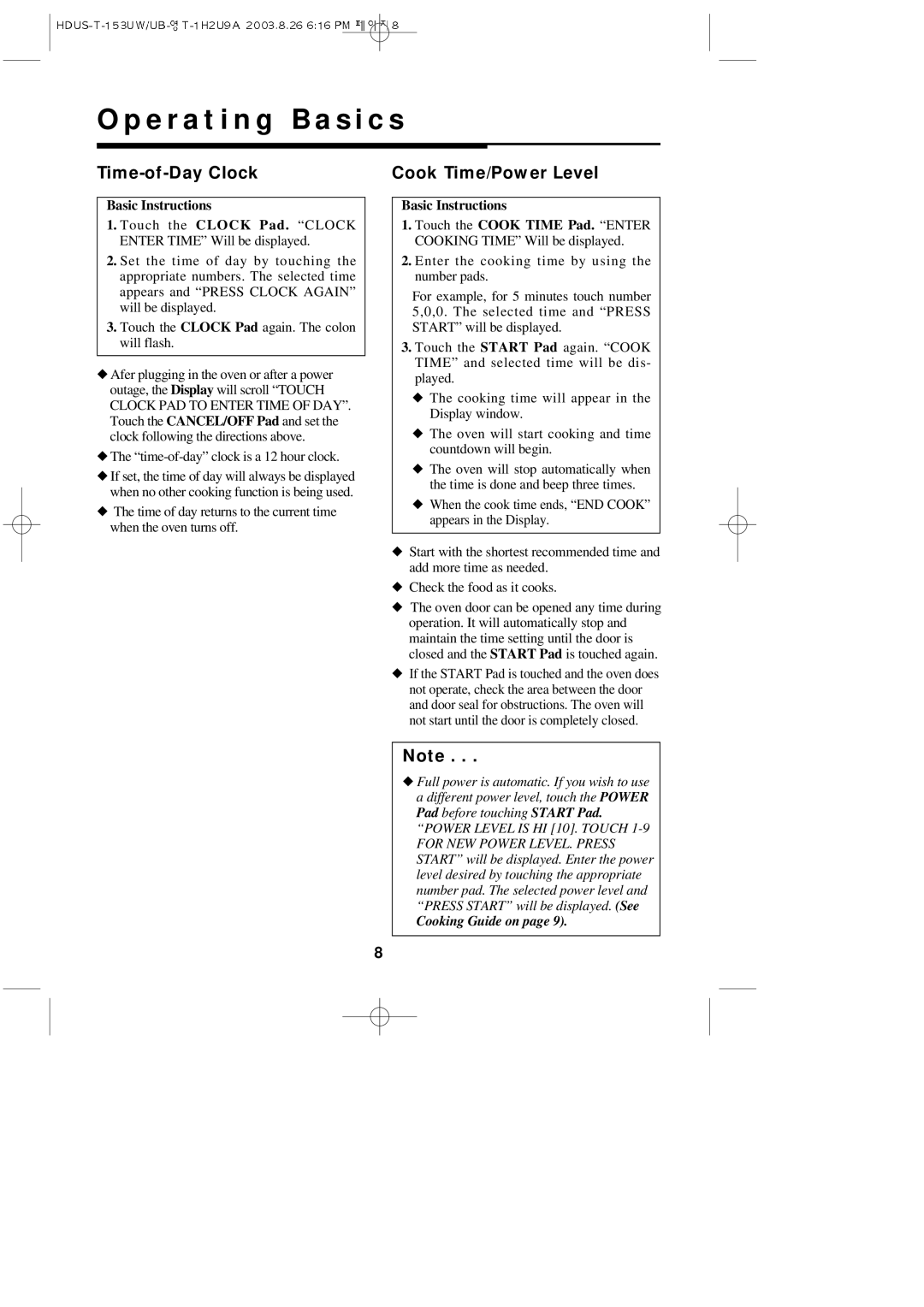 Magic Chef MCO153UW, MCO153UQ E r a t i n g B a s i c s, Time-of-Day Clock Cook Time/Power Level, Basic Instructions 