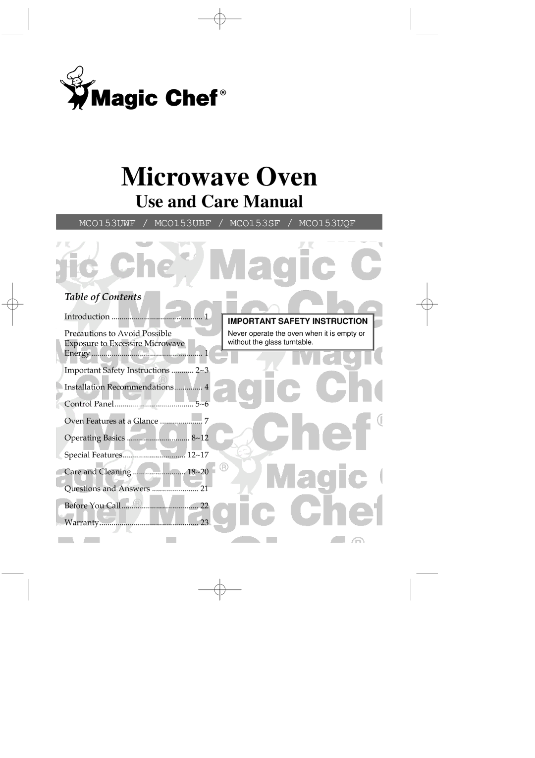 Magic Chef MCO153UQF, MCO153UWF, MCO153UBF, MCO153SF important safety instructions Microwave Oven 