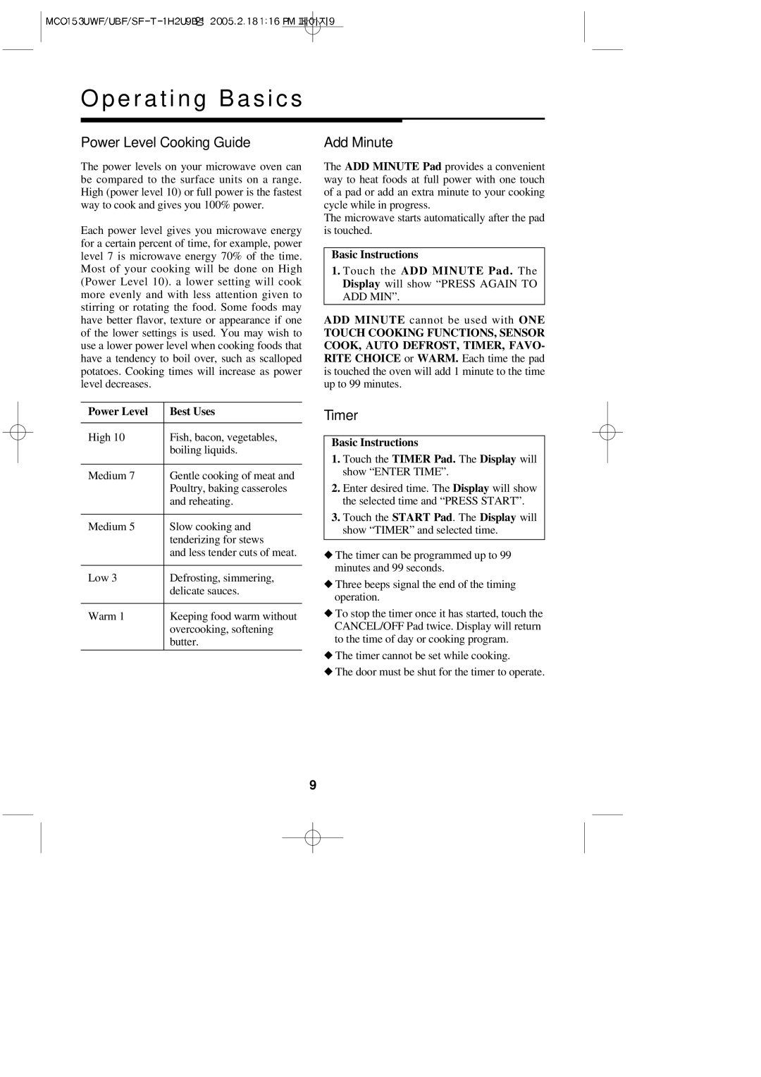 Magic Chef MCO153UBF, MCO153UWF, MCO153UQF, MCO153SF Power Level Cooking Guide, Add Minute, Timer, Power Level Best Uses 