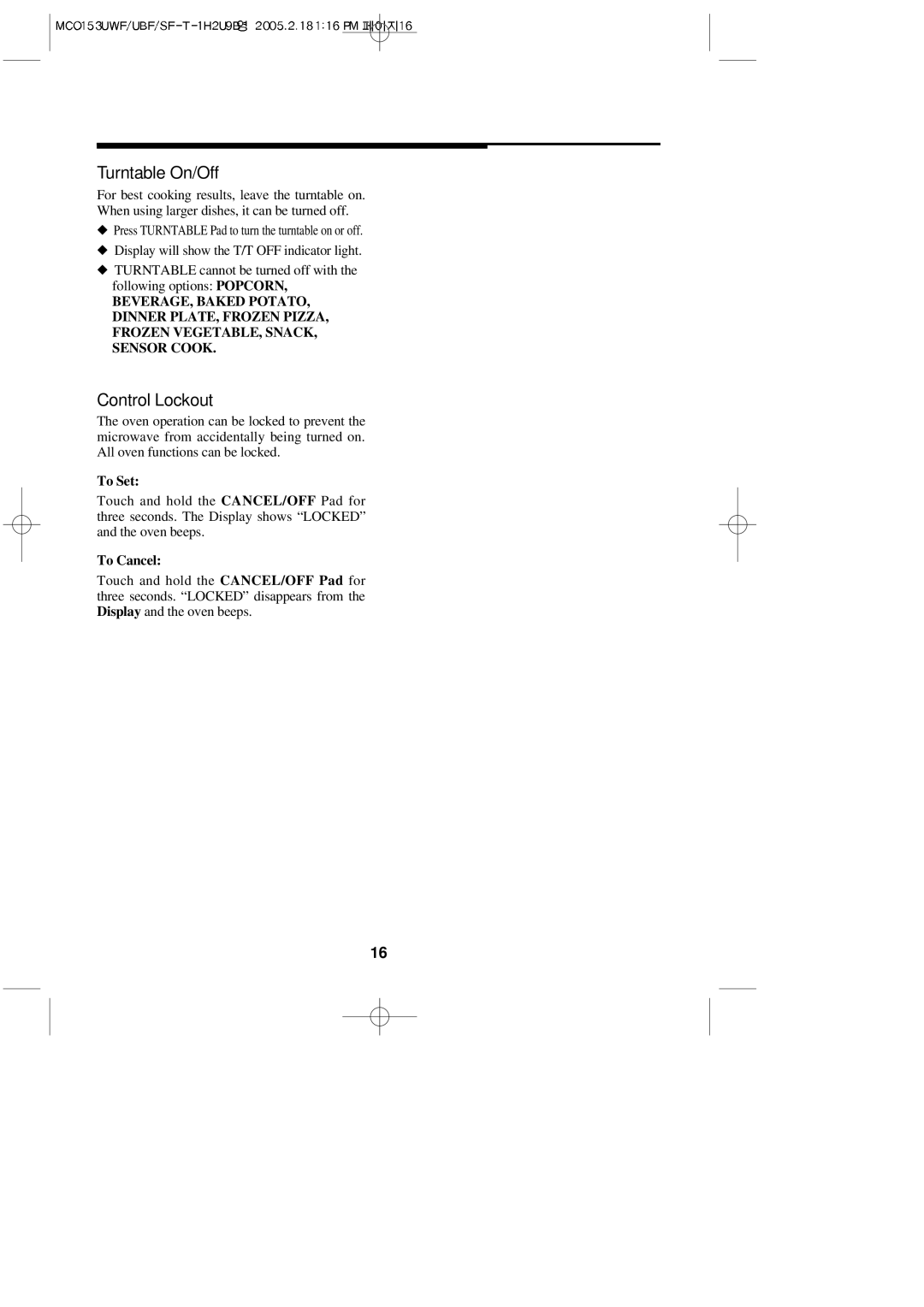 Magic Chef MCO153UQF, MCO153UWF, MCO153UBF, MCO153SF Turntable On/Off, Control Lockout, To Set, To Cancel 