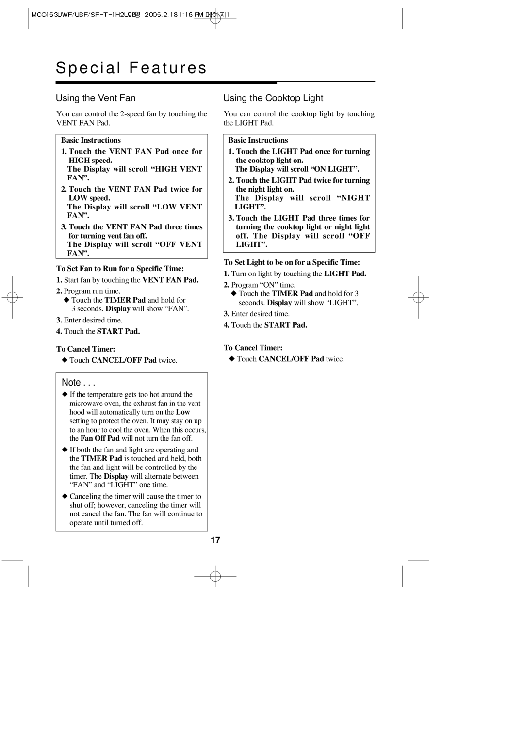 Magic Chef MCO153UBF, MCO153UWF Using the Vent Fan, Using the Cooktop Light, To Cancel Timer Touch CANCEL/OFF Pad twice 