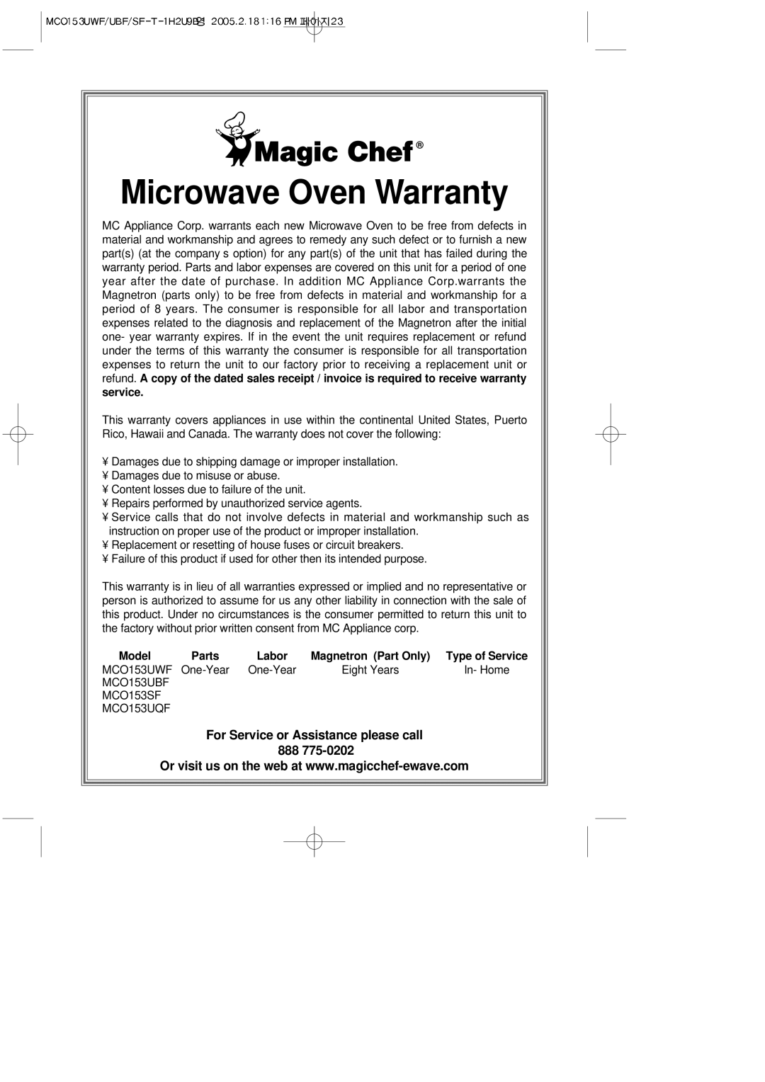 Magic Chef MCO153UWF, MCO153UQF, MCO153UBF, MCO153SF important safety instructions Microwave Oven Warranty 