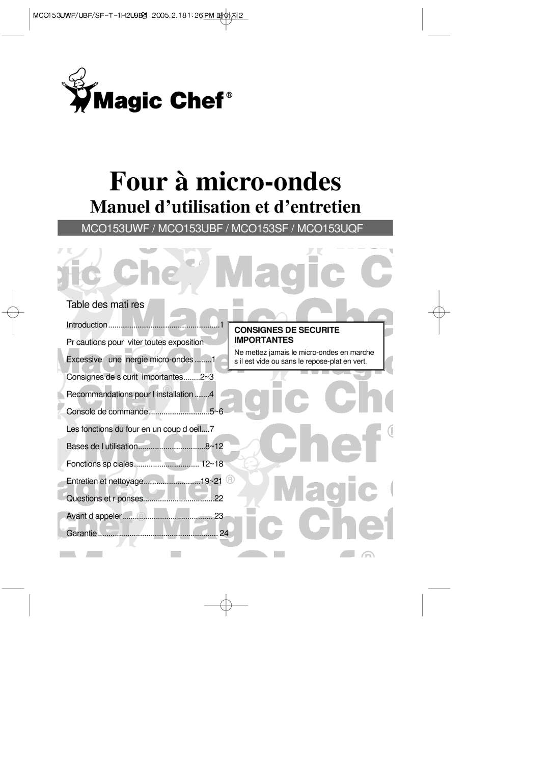 Magic Chef MCO153UQF Précautions pour éviter toutes exposition, Excessive à une énergie micro-ondes, 12~18, 19~21 