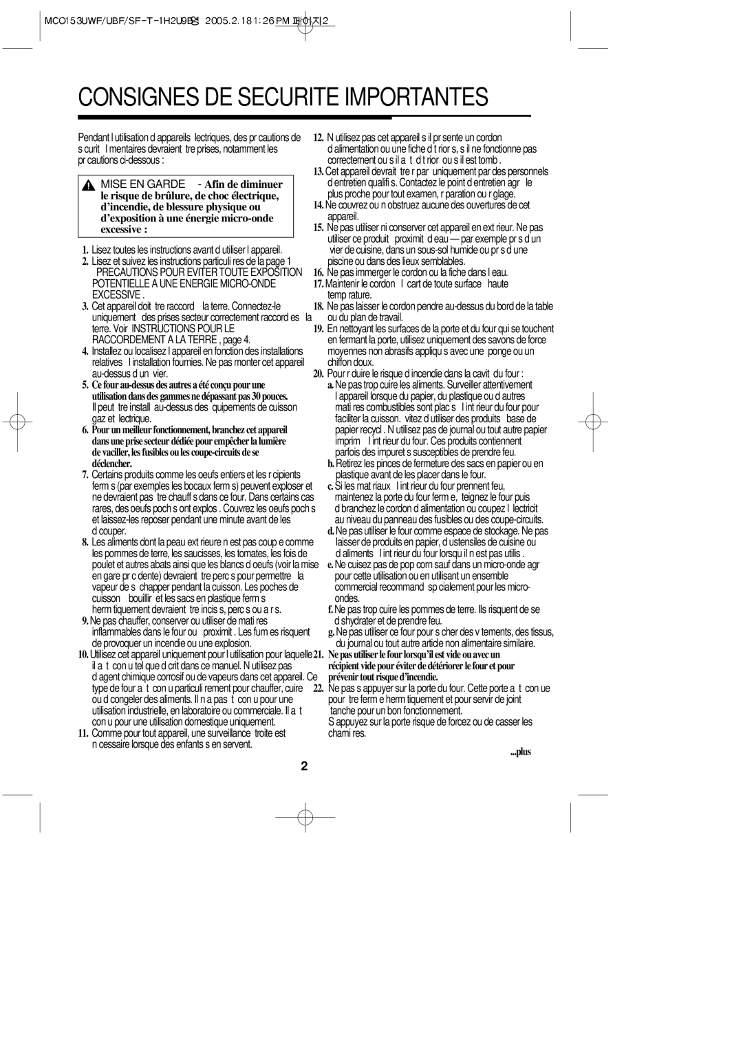 Magic Chef MCO153SF, MCO153UWF, MCO153UQF, MCO153UBF Pour réduire le risque d’incendie dans la cavité du four, Plus 