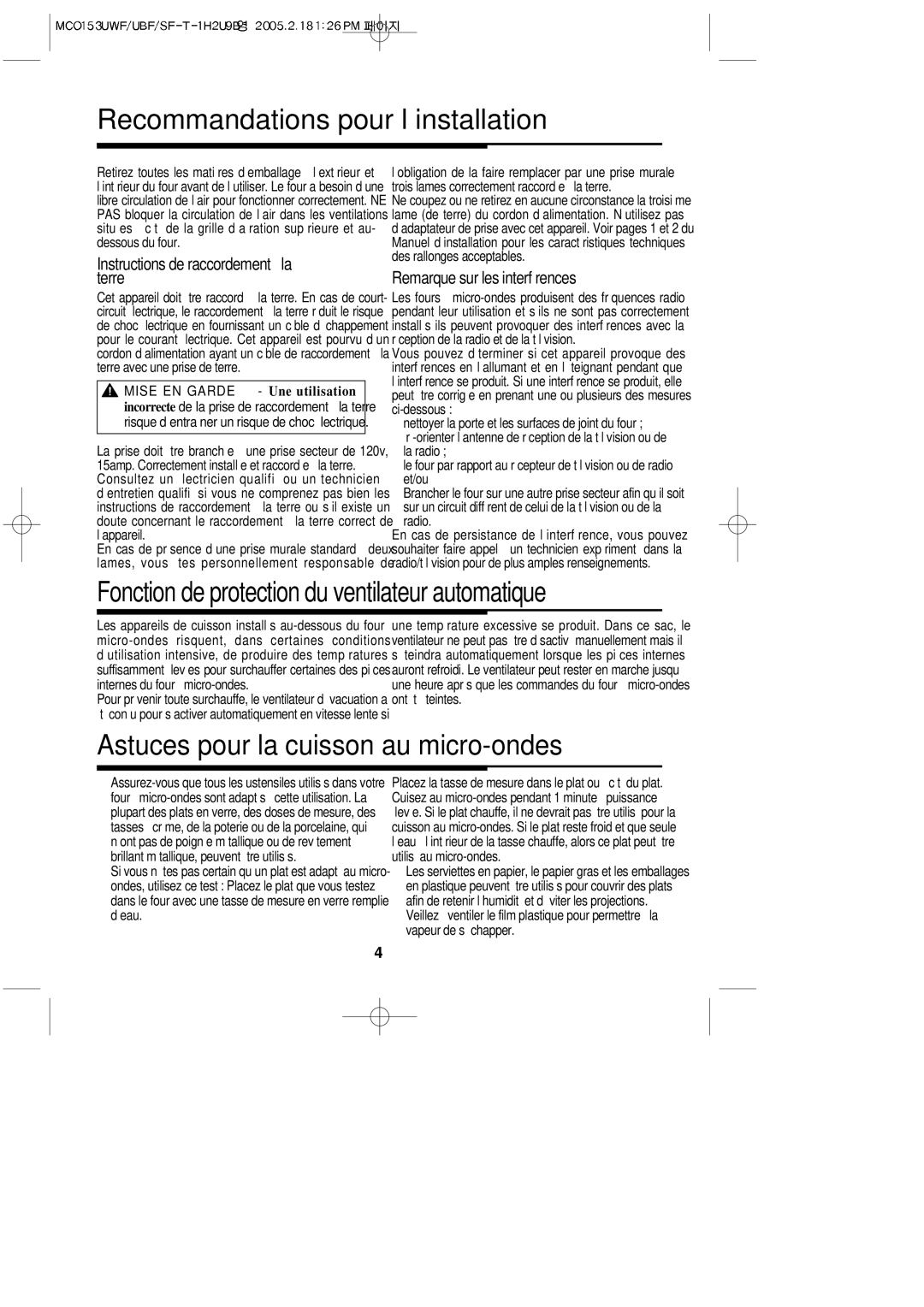 Magic Chef MCO153UQF, MCO153UWF Recommandations pour l’installation, Fonction de protection du ventilateur automatique 