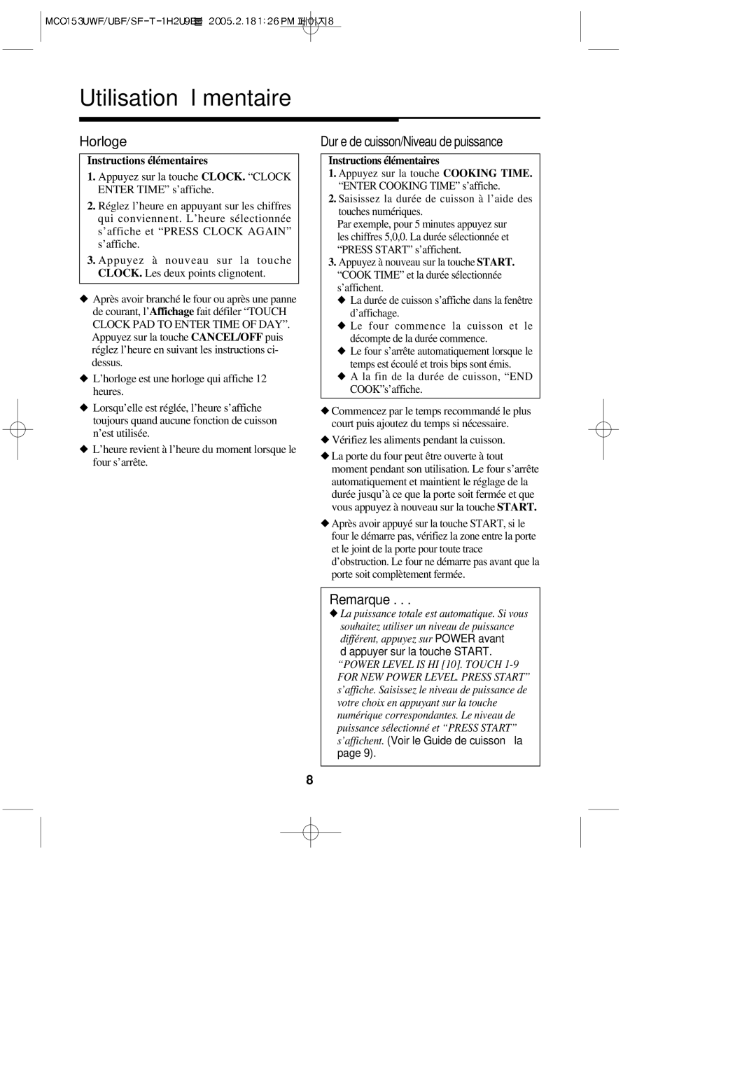 Magic Chef MCO153UQF, MCO153UWF, MCO153UBF Utilisation élémentaire, Horloge, Durée de cuisson/Niveau de puissance, Remarque 