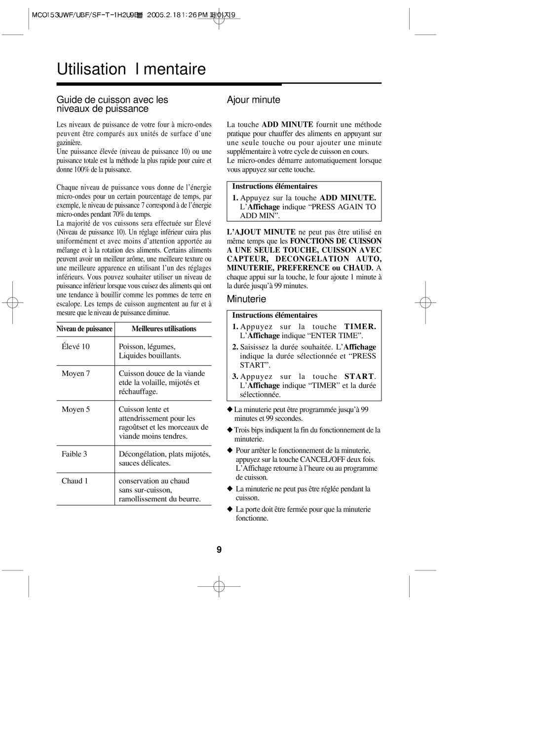 Magic Chef MCO153UBF, MCO153UWF Guide de cuisson avec les niveaux de puissance, Ajour minute, Minuterie, Sauces délicates 