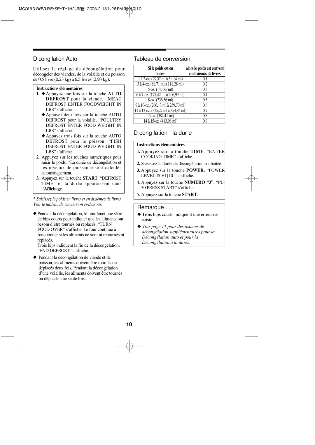 Magic Chef MCO153SF, MCO153UWF Décongélation Auto, Tableau de conversion, Décongélation à la durée, Si le poids est en 