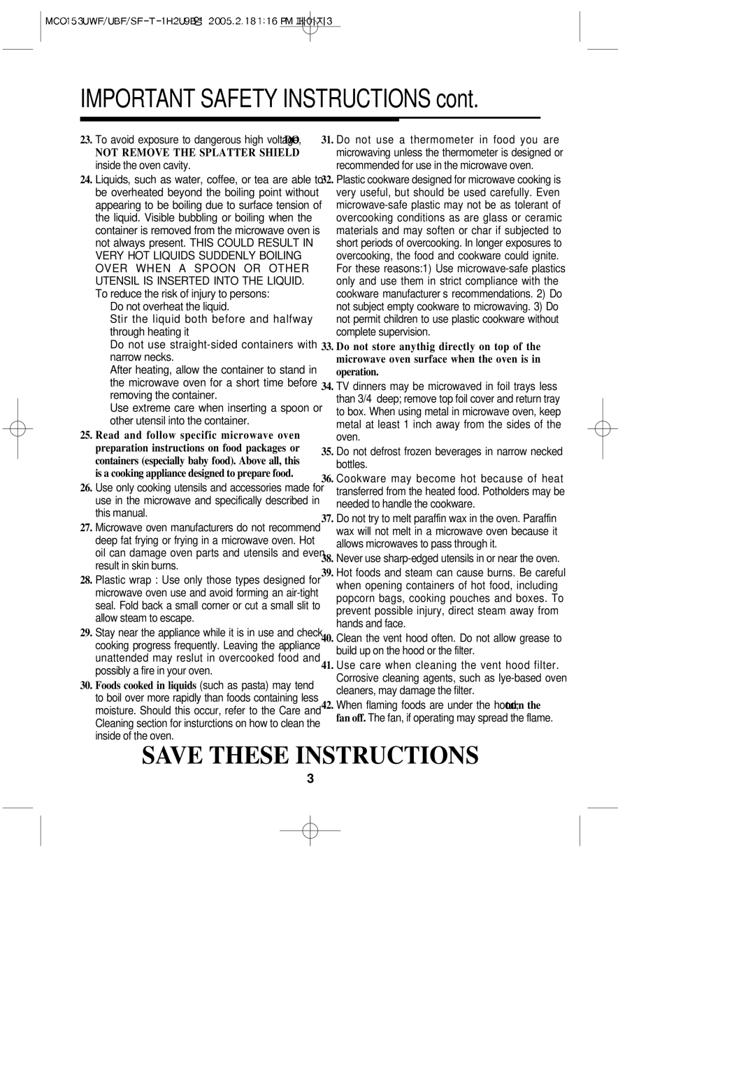 Magic Chef MCO153UWF, MCO153UQF Important Safety Instructions, Not Remove the Splatter Shield inside the oven cavity 