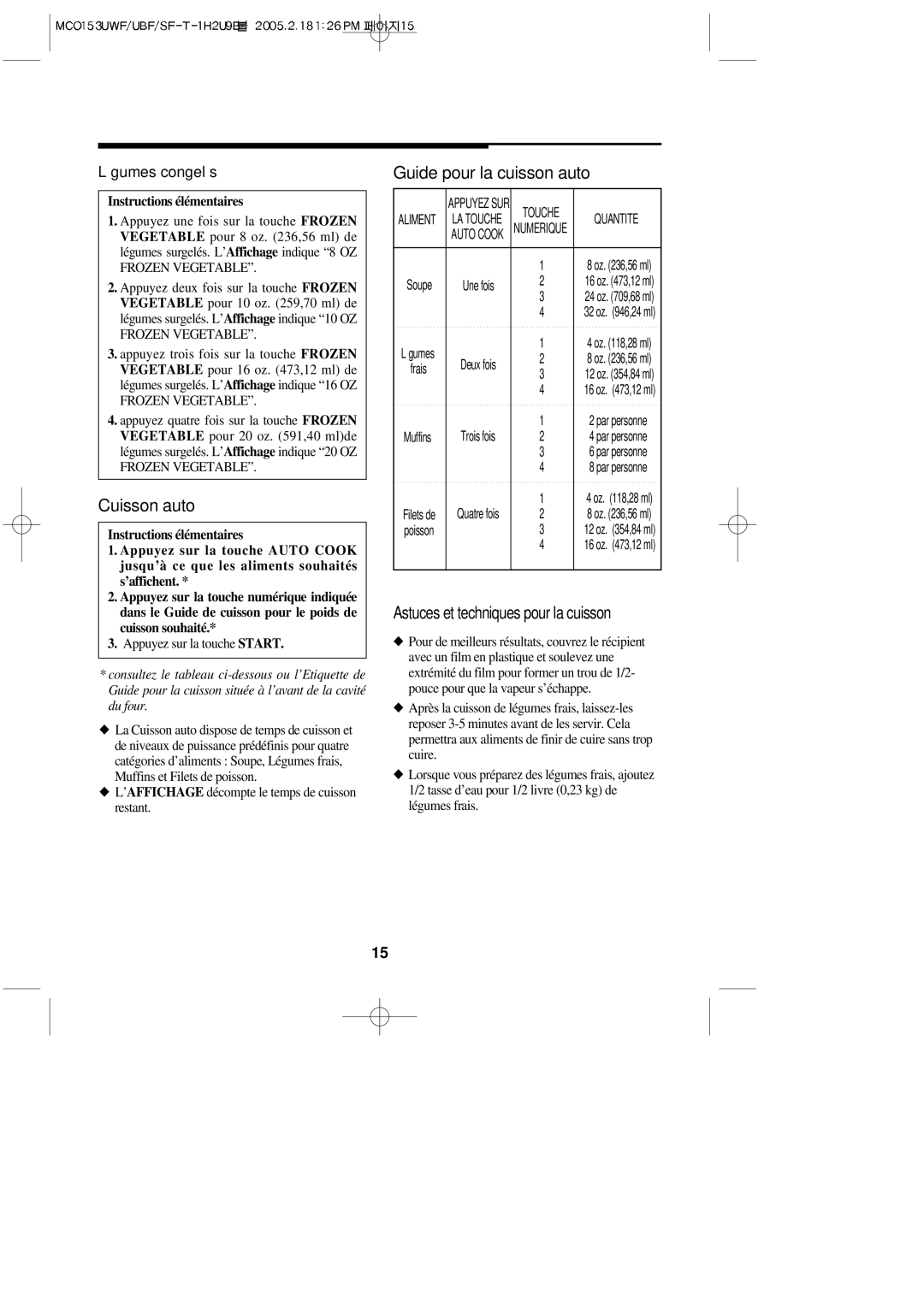 Magic Chef MCO153UWF, MCO153UQF, MCO153UBF Cuisson auto, Guide pour la cuisson auto, Astuces et techniques pour la cuisson 