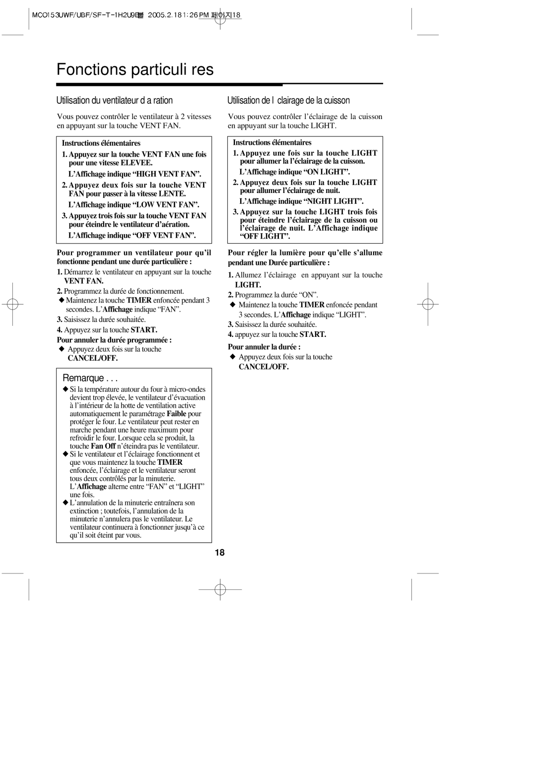 Magic Chef MCO153SF Utilisation du ventilateur d’aération, Utilisation de l’éclairage de la cuisson, Pour annuler la durée 