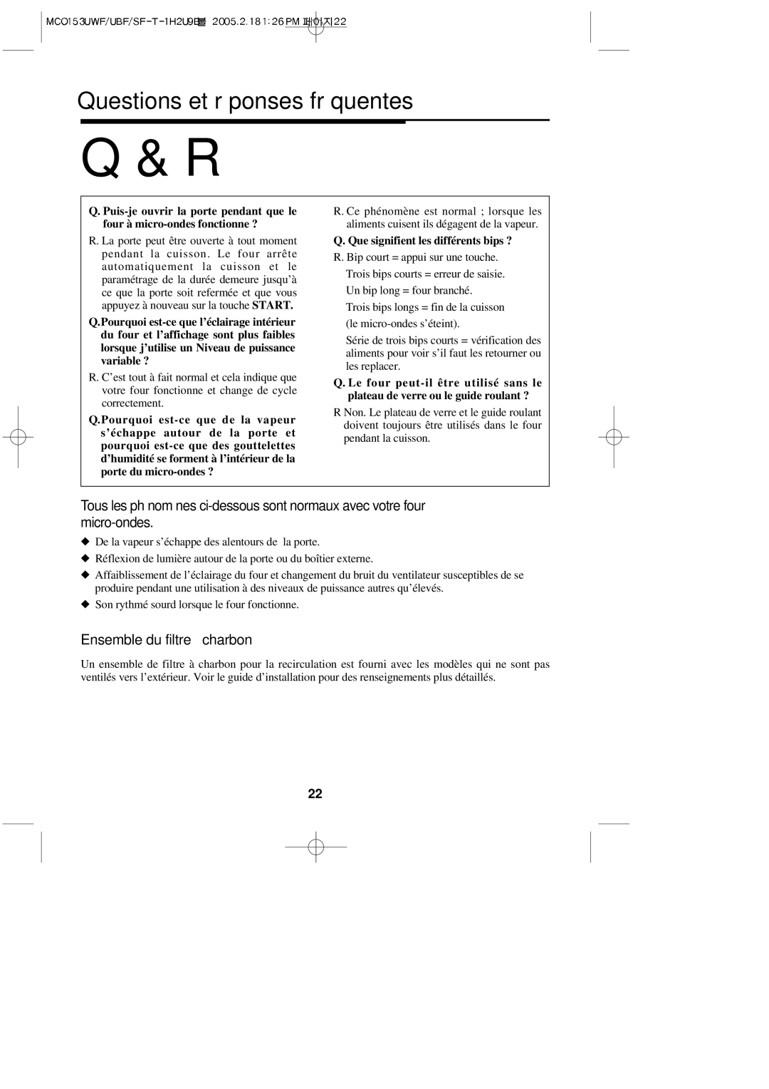 Magic Chef MCO153SF Questions et réponses fréquentes, Ensemble du filtre à charbon, Que signifient les différents bips ? 