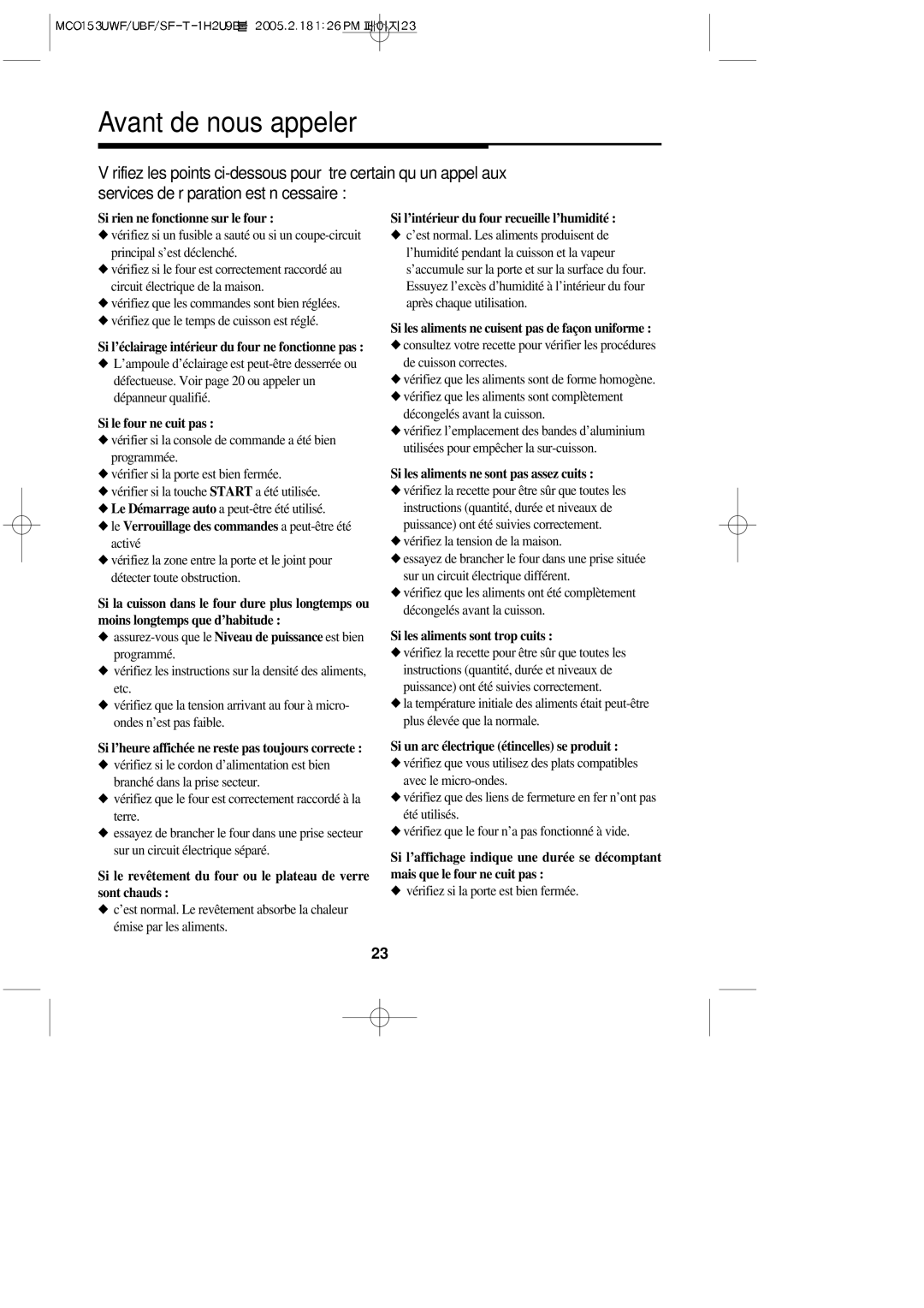 Magic Chef MCO153UWF, MCO153UQF, MCO153UBF, MCO153SF important safety instructions Avant de nous appeler 