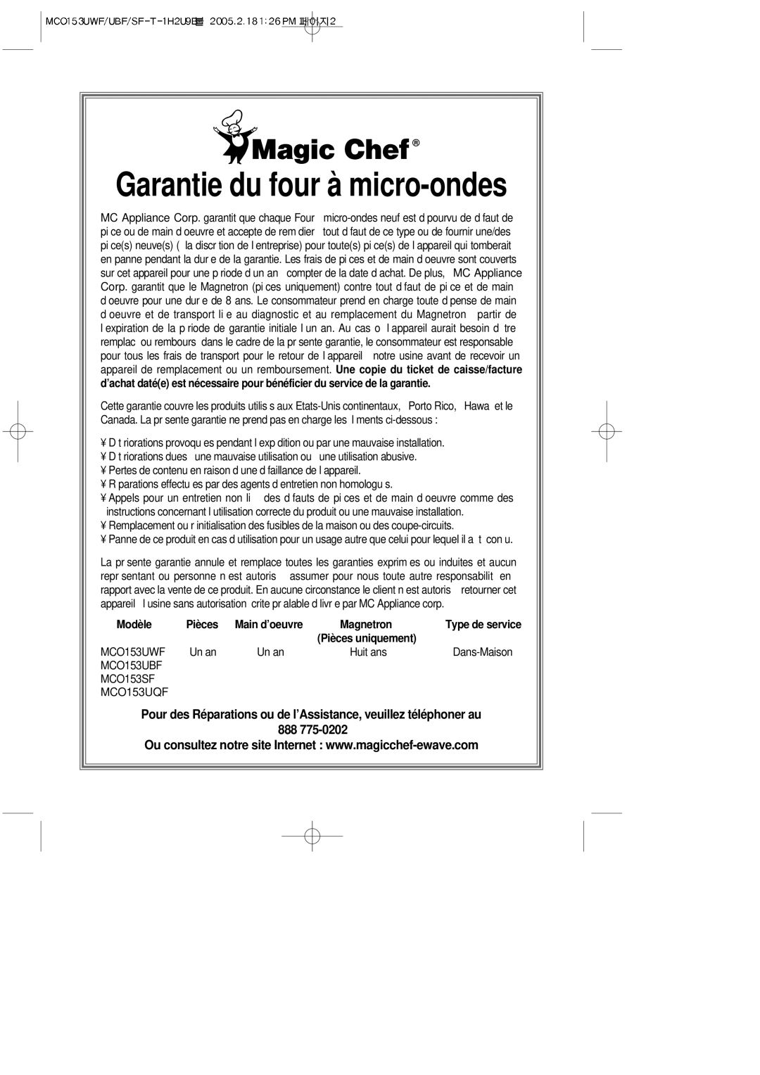 Magic Chef MCO153UQF, MCO153UWF, MCO153UBF, MCO153SF important safety instructions Garantie du four à micro-ondes 