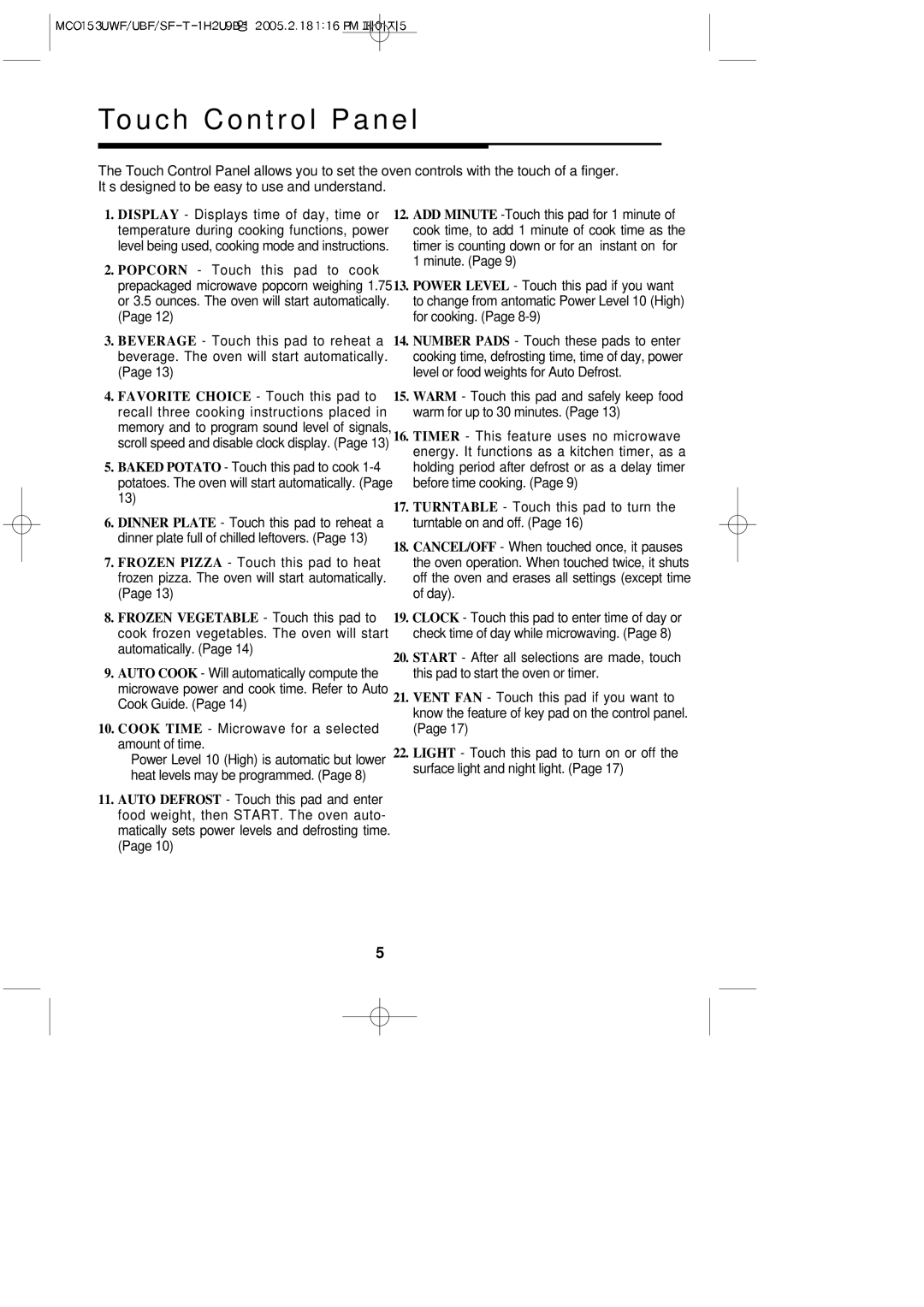 Magic Chef MCO153UBF, MCO153UWF, MCO153UQF, MCO153SF important safety instructions To u c h C o n t r o l P a n e l 