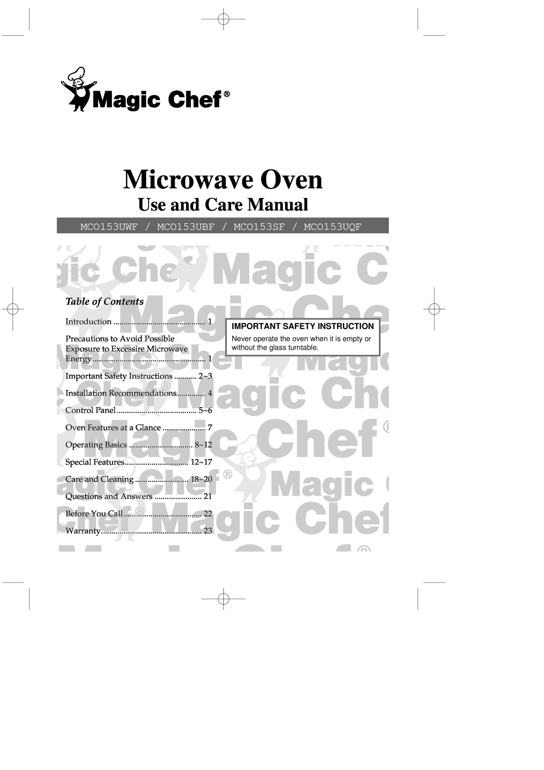 Magic Chef MCO153UQF, MCO153UWF important safety instructions Microwave Oven, Use and Care Manual, Table of Contents 