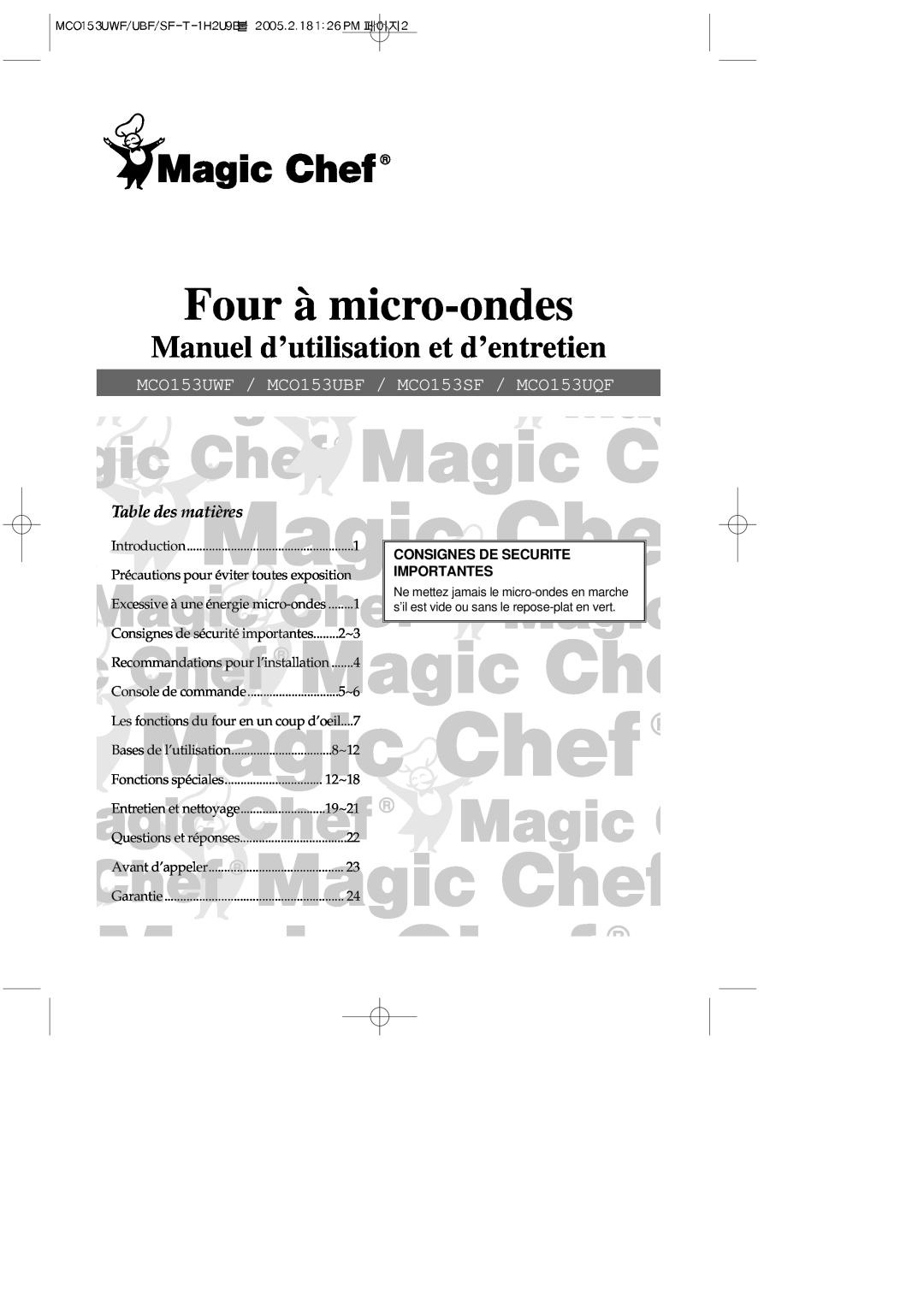 Magic Chef MCO153UQF, MCO153UWF, MCO153UBF Four à micro-ondes, Manuel d’utilisation et d’entretien, Table des matières 