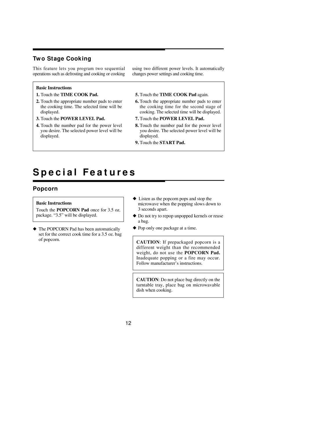 Magic Chef MCO160SF, MCO160UBF, MCO160UQF, MCO160UWF Special Features, Two Stage Cooking, Popcorn, Touch the Power Level Pad 