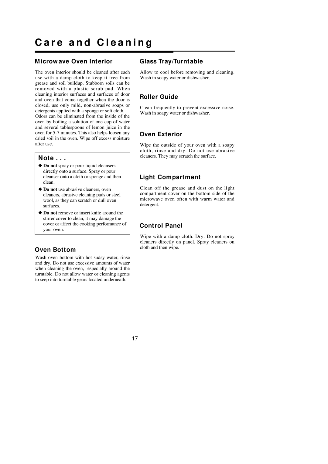 Magic Chef MCO160UQF, MCO160UBF, MCO160SF, MCO160UWF important safety instructions Care and Cleaning 