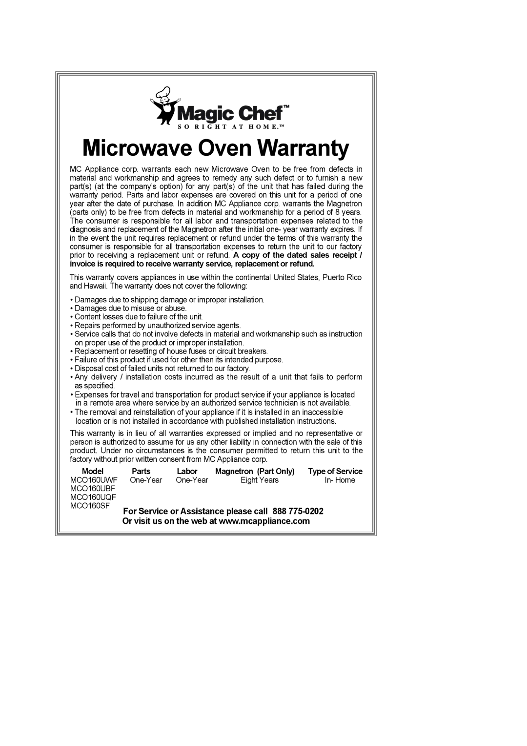 Magic Chef MCO160UWF, MCO160UBF, MCO160SF, MCO160UQF important safety instructions Microwave Oven Warranty 