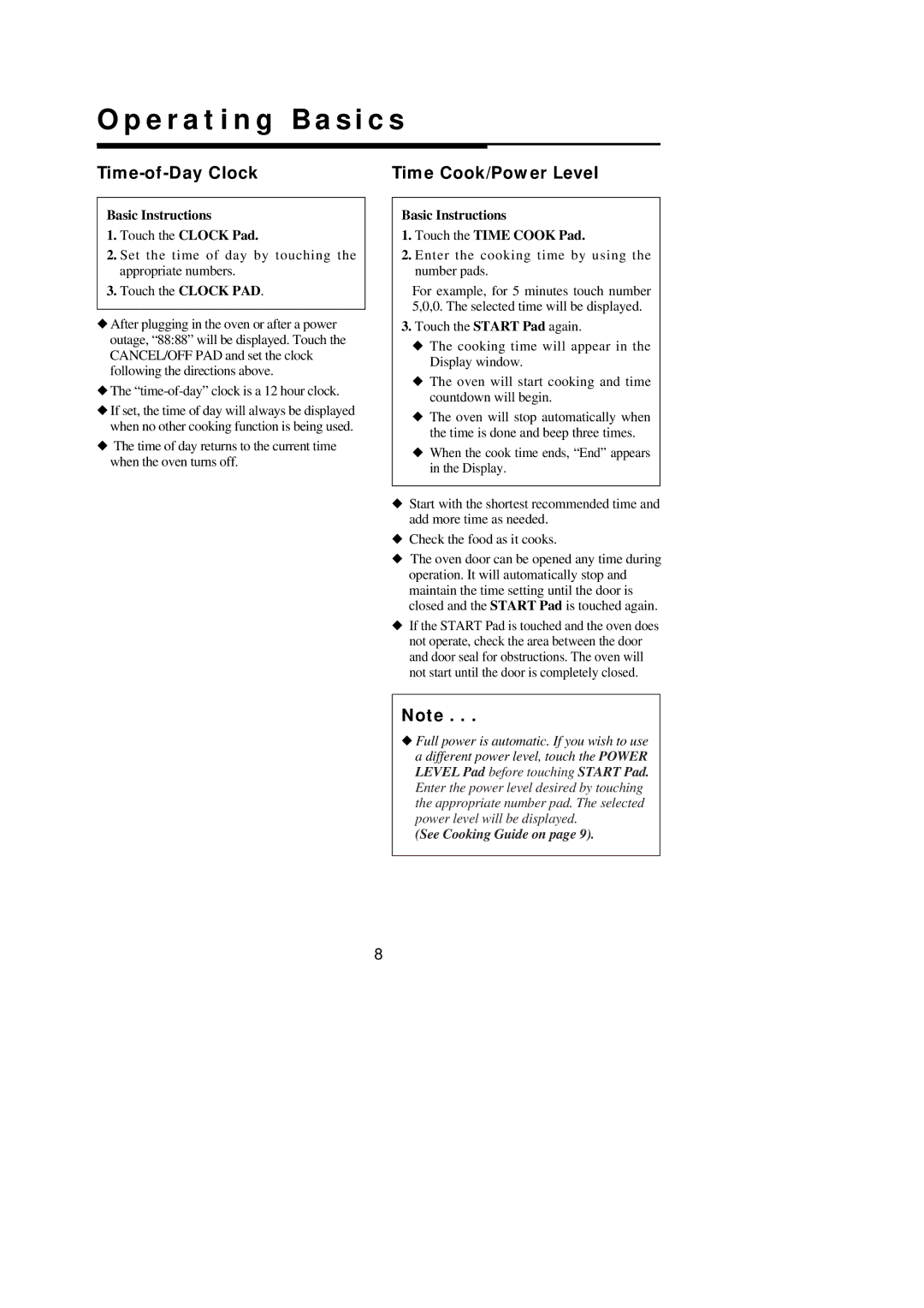 Magic Chef MCO160SF, MCO160UBF, MCO160UQF Operating Basics, Time-of-Day Clock Time Cook/Power Level, Basic Instructions 