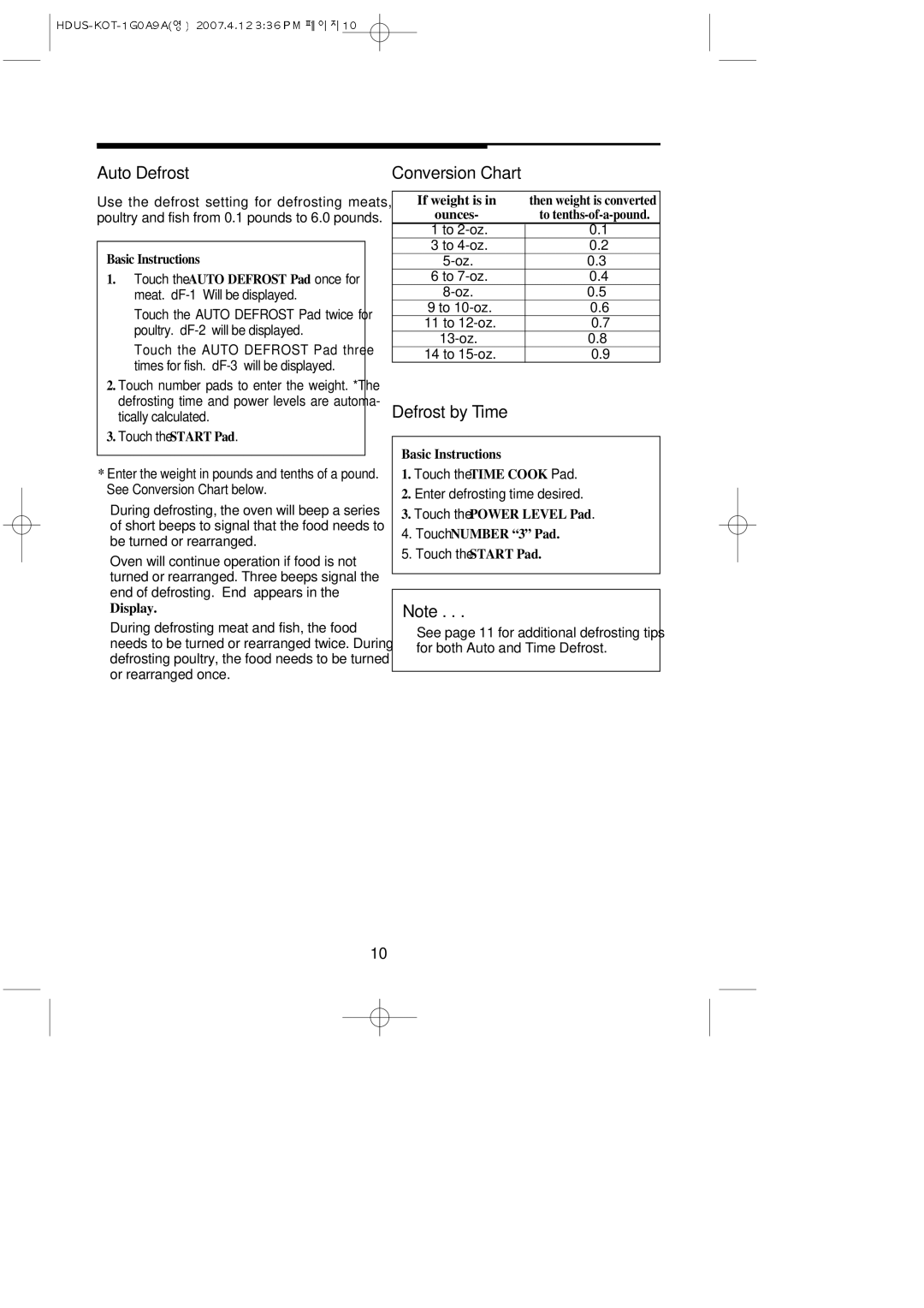 Magic Chef mco160uw, MCO160UQ, mco160ub, MCO160S Auto Defrost Conversion Chart, Defrost by Time, Display, If weight is 