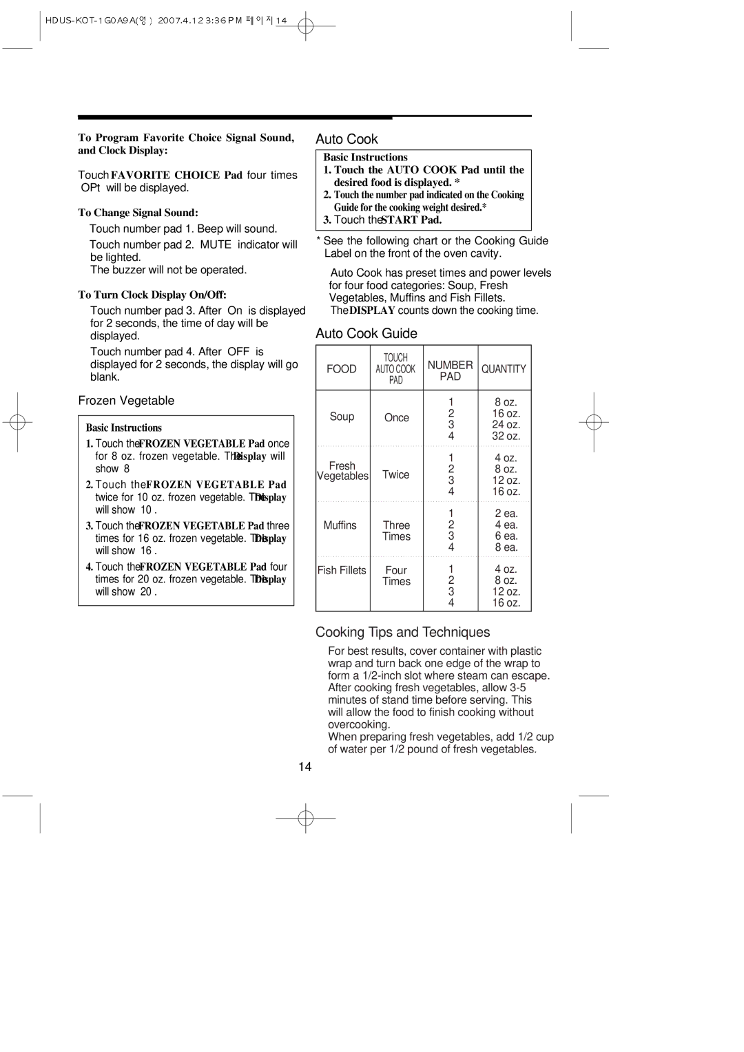 Magic Chef mco160uw, MCO160UQ, mco160ub, MCO160S Auto Cook Guide, To Turn Clock Display On/Off 