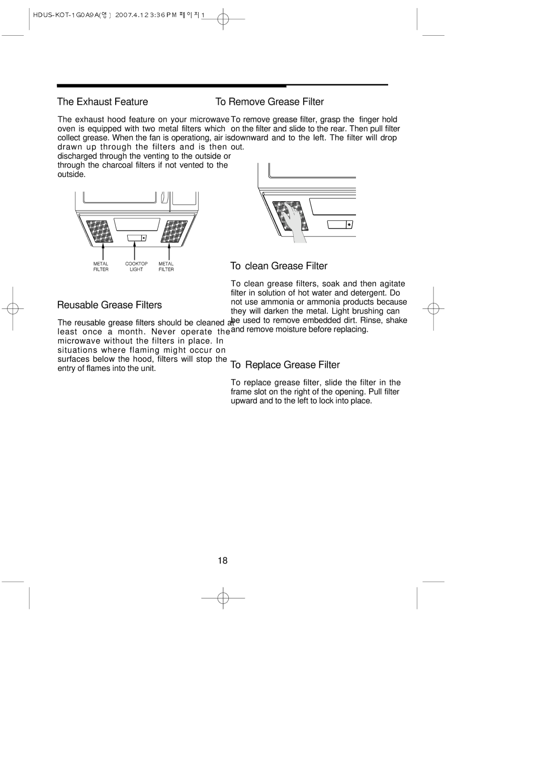 Magic Chef mco160uw, MCO160UQ Exhaust Feature To Remove Grease Filter, To clean Grease Filter Reusable Grease Filters 