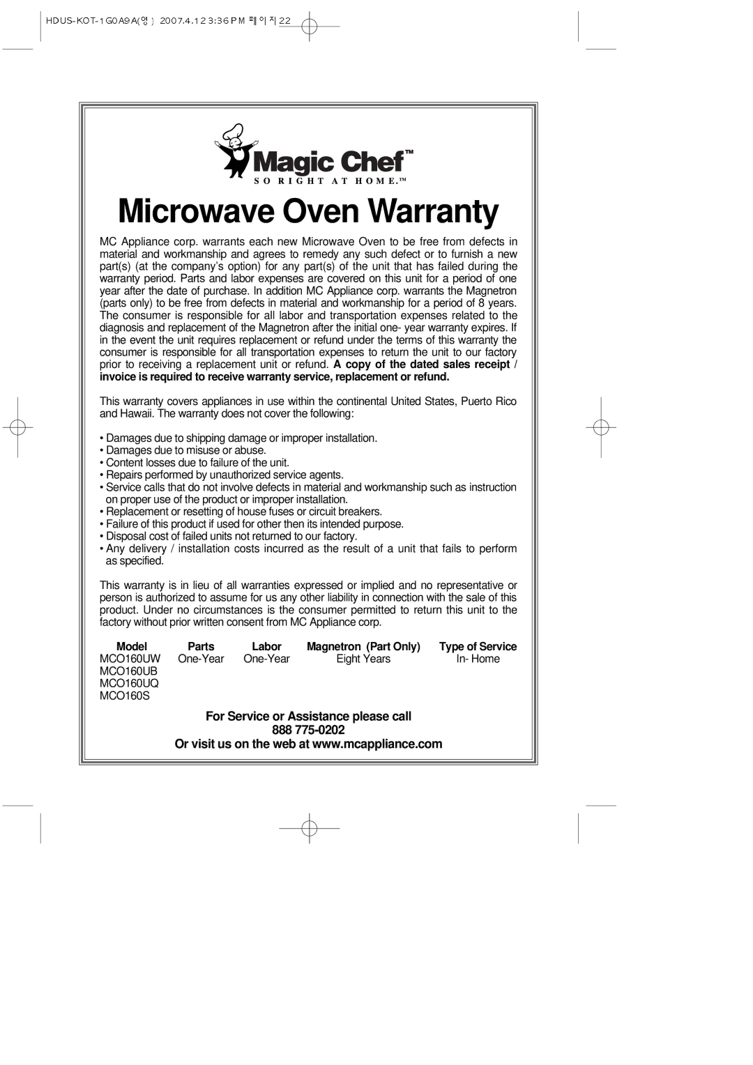 Magic Chef mco160uw, MCO160UQ, mco160ub, MCO160S important safety instructions Microwave Oven Warranty 