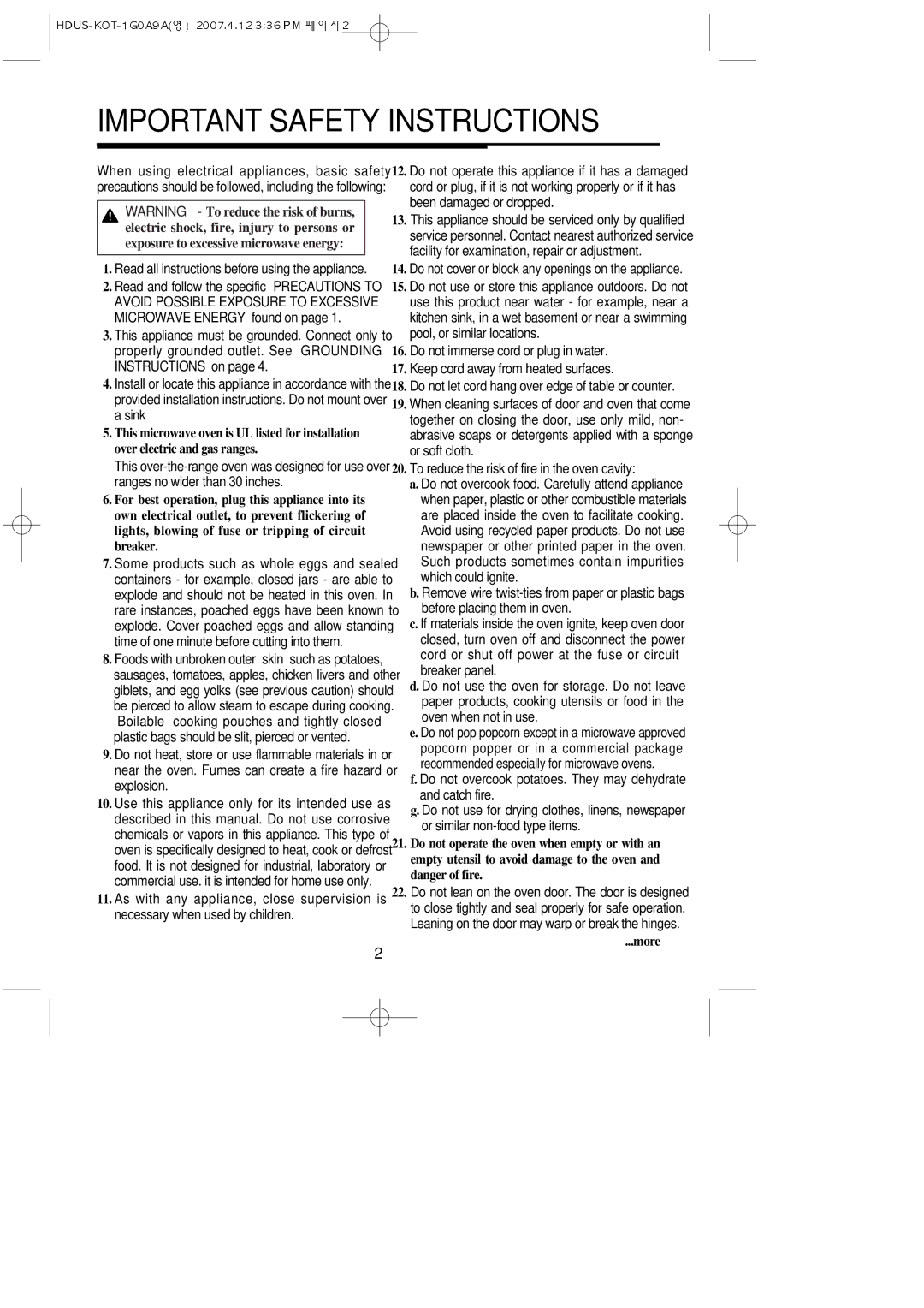 Magic Chef mco160uw, MCO160UQ, mco160ub, MCO160S important safety instructions Important Safety Instructions, More 