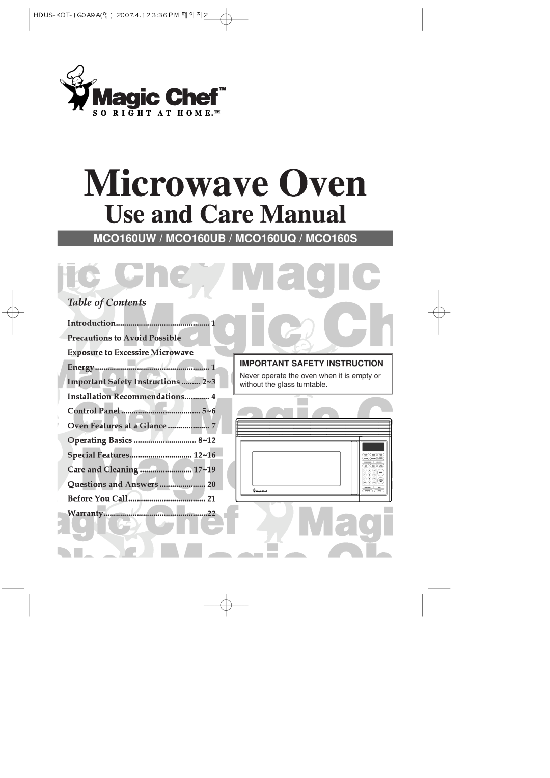 Magic Chef mco160ub, MCO160UQ, MCO160S important safety instructions Microwave Oven, Use and Care Manual, Table of Contents 