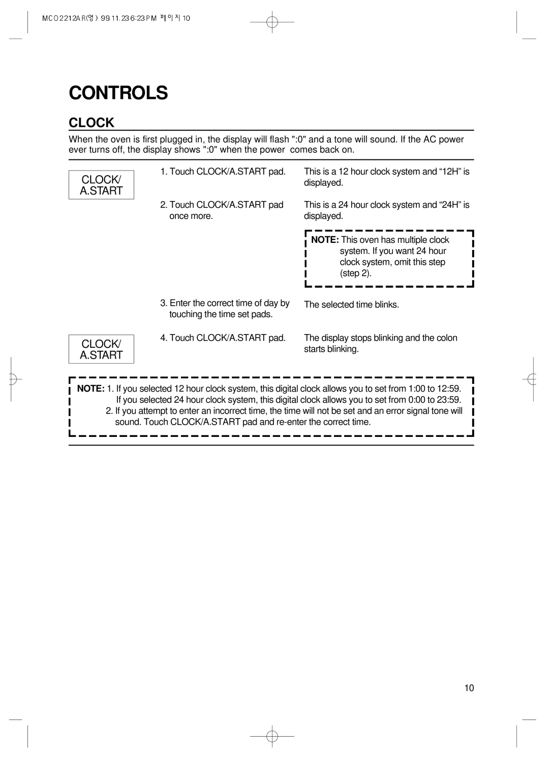 Magic Chef MCO2212AR manual Controls, Clock Start 