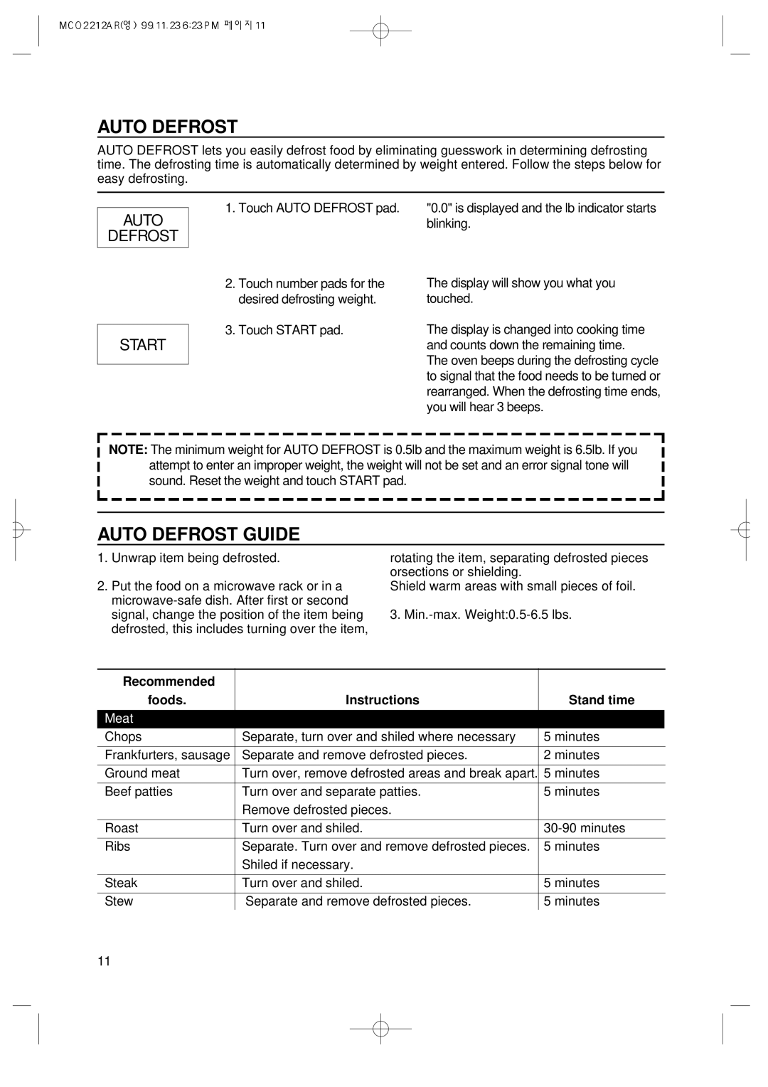 Magic Chef MCO2212AR manual Auto Defrost Guide, Auto Defrost Start 