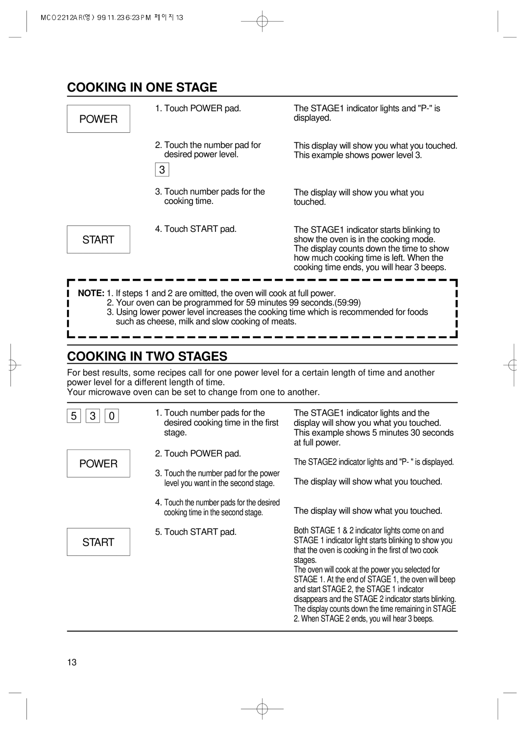Magic Chef MCO2212AR manual Cooking in ONE Stage, Cooking in TWO Stages, Power Start 