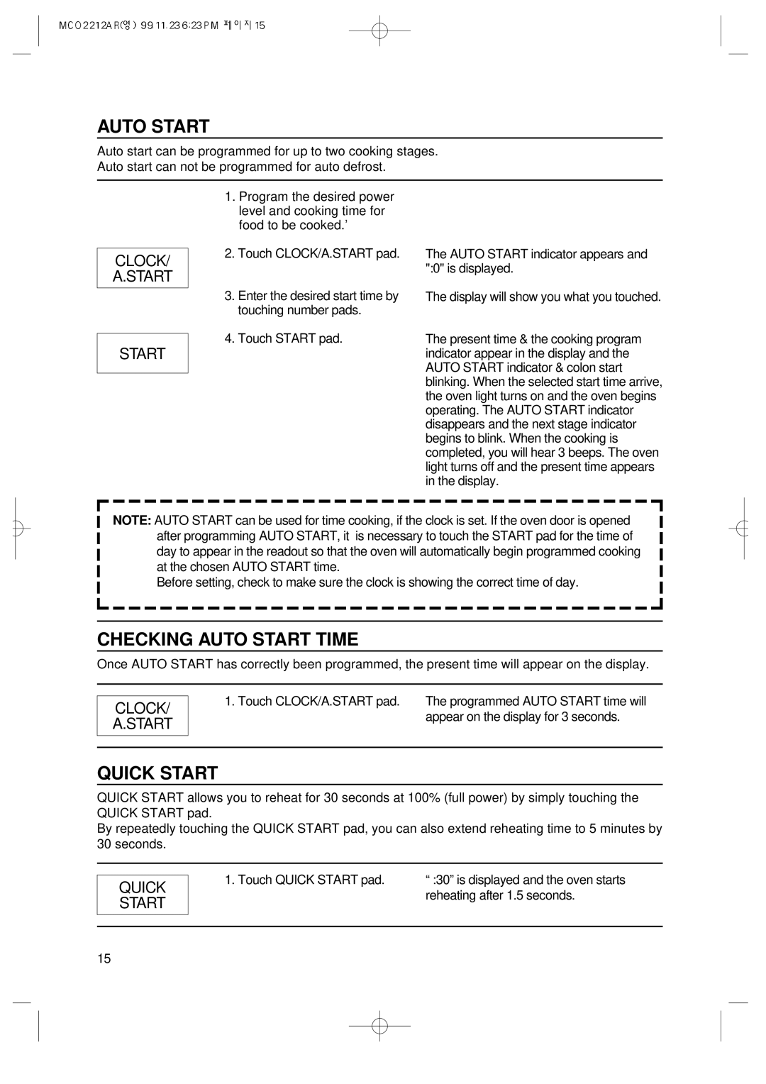 Magic Chef MCO2212AR manual Checking Auto Start Time, Quick Start 