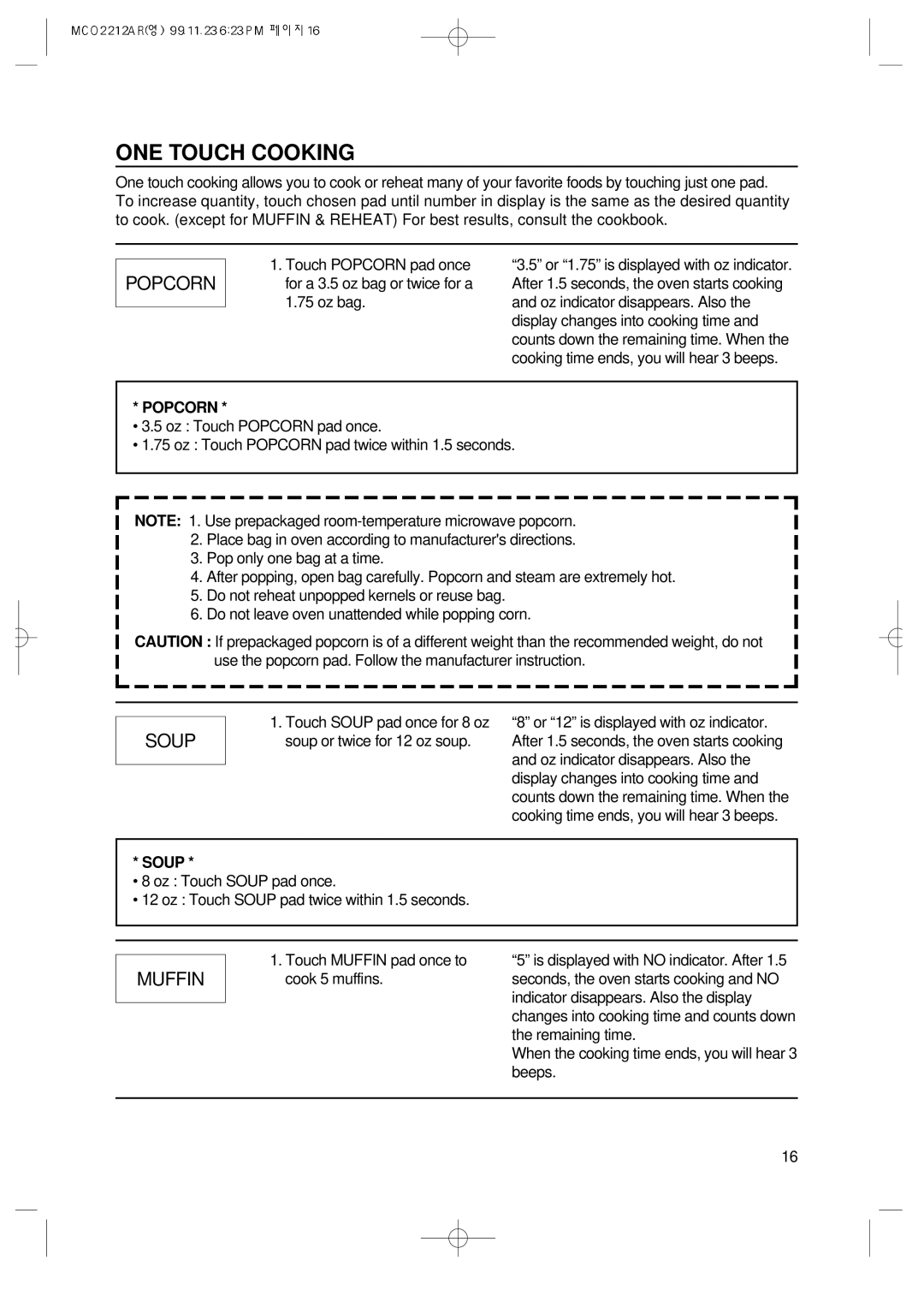 Magic Chef MCO2212AR manual ONE Touch Cooking, Popcorn, Soup, Muffin 