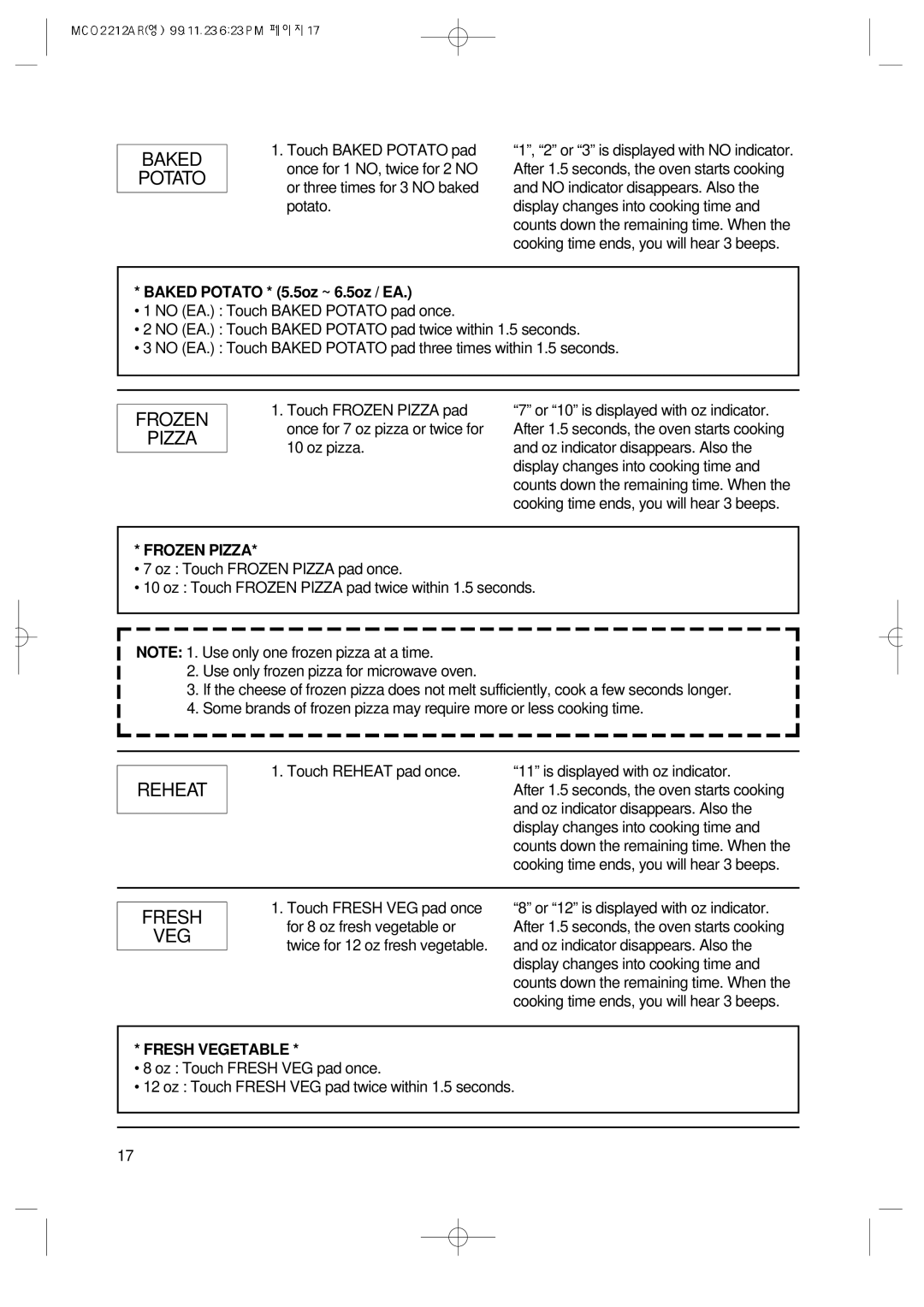 Magic Chef MCO2212AR manual Baked Potato, Frozen Pizza, Reheat, Fresh VEG 