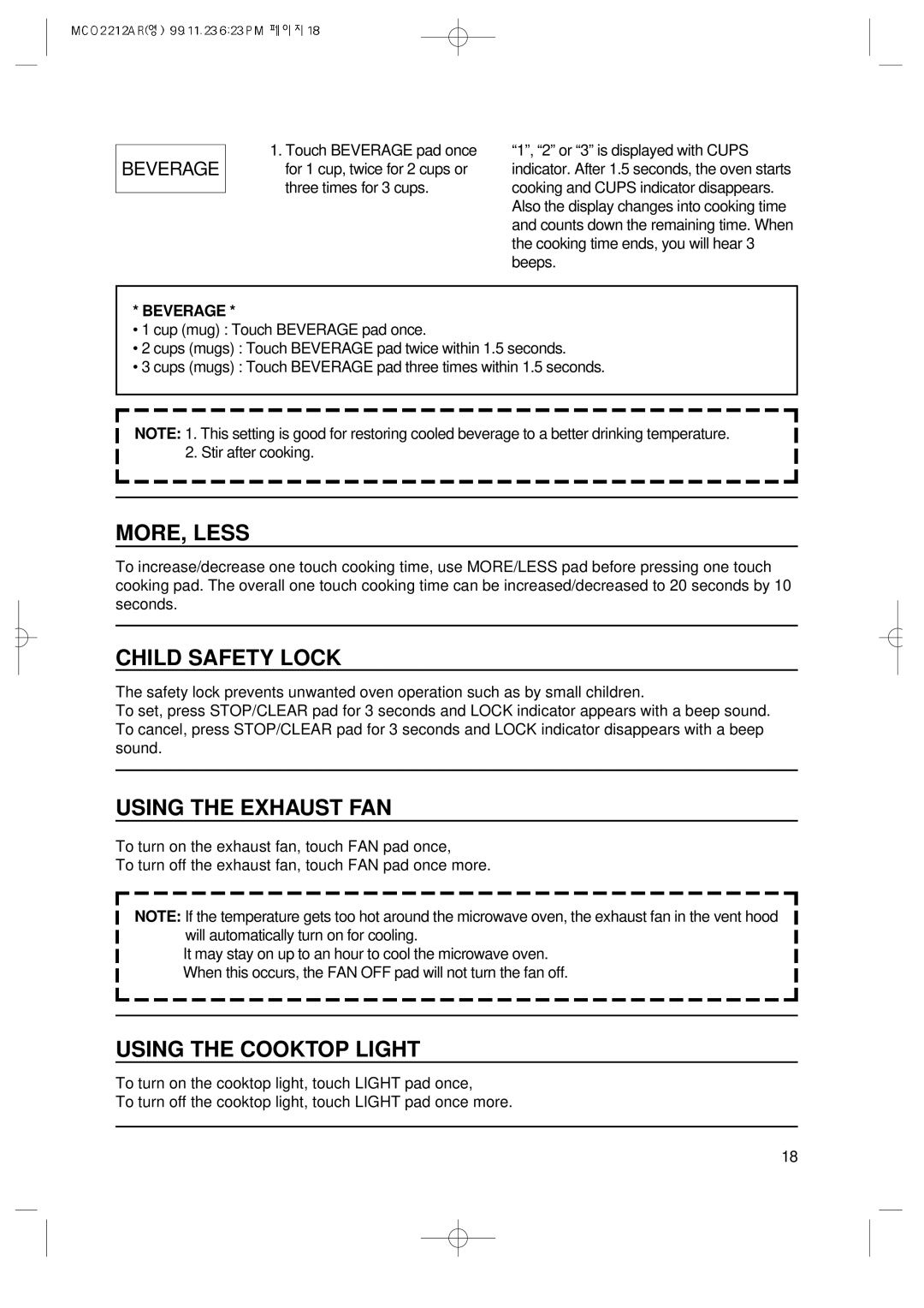 Magic Chef MCO2212AR manual MORE, Less, Child Safety Lock, Using the Exhaust FAN, Using the Cooktop Light, Beverage 