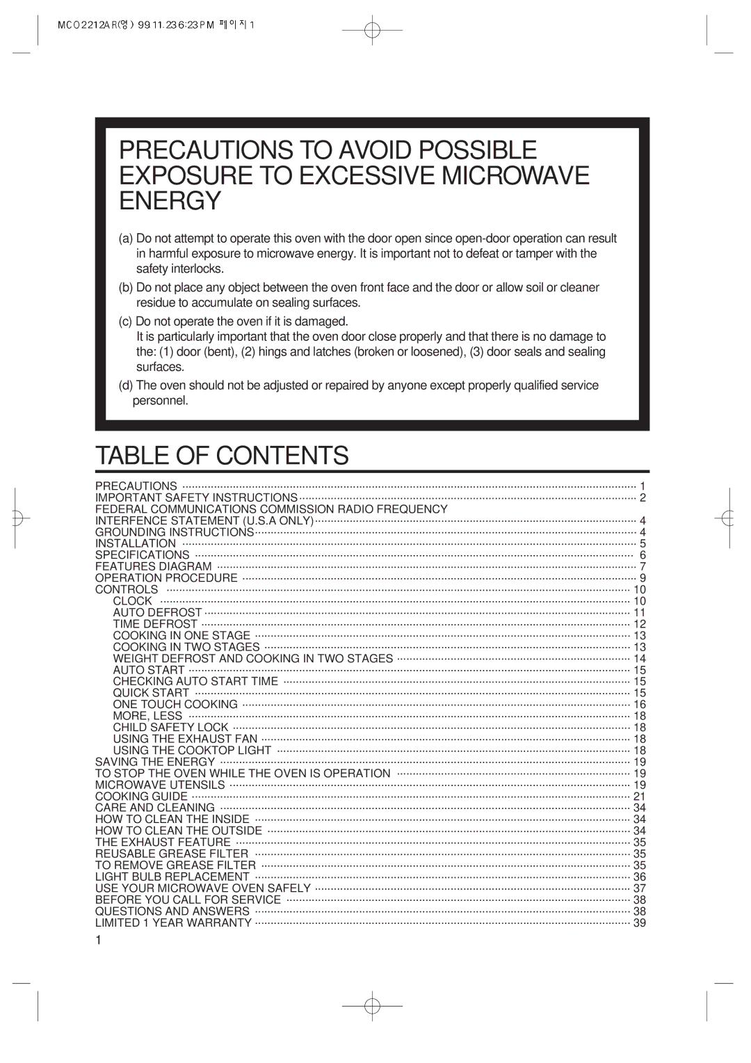 Magic Chef MCO2212AR manual Table of Contents 