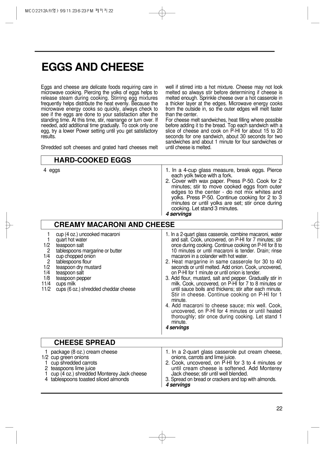 Magic Chef MCO2212AR manual Eggs and Cheese, HARD-COOKED Eggs, Creamy Macaroni and Cheese, Cheese Spread 