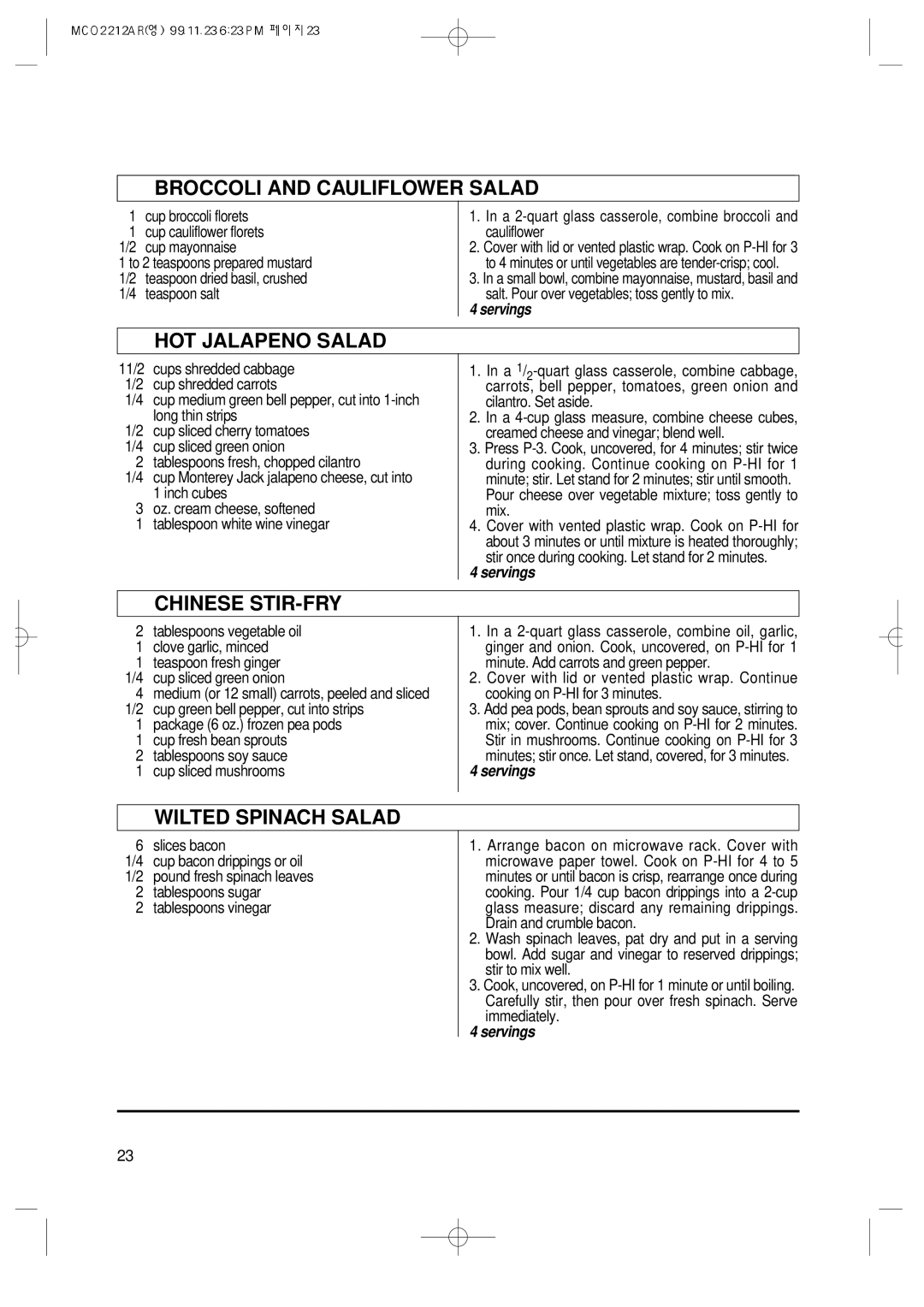 Magic Chef MCO2212AR manual Broccoli and Cauliflower Salad, HOT Jalapeno Salad, Chinese STIR-FRY, Wilted Spinach Salad 