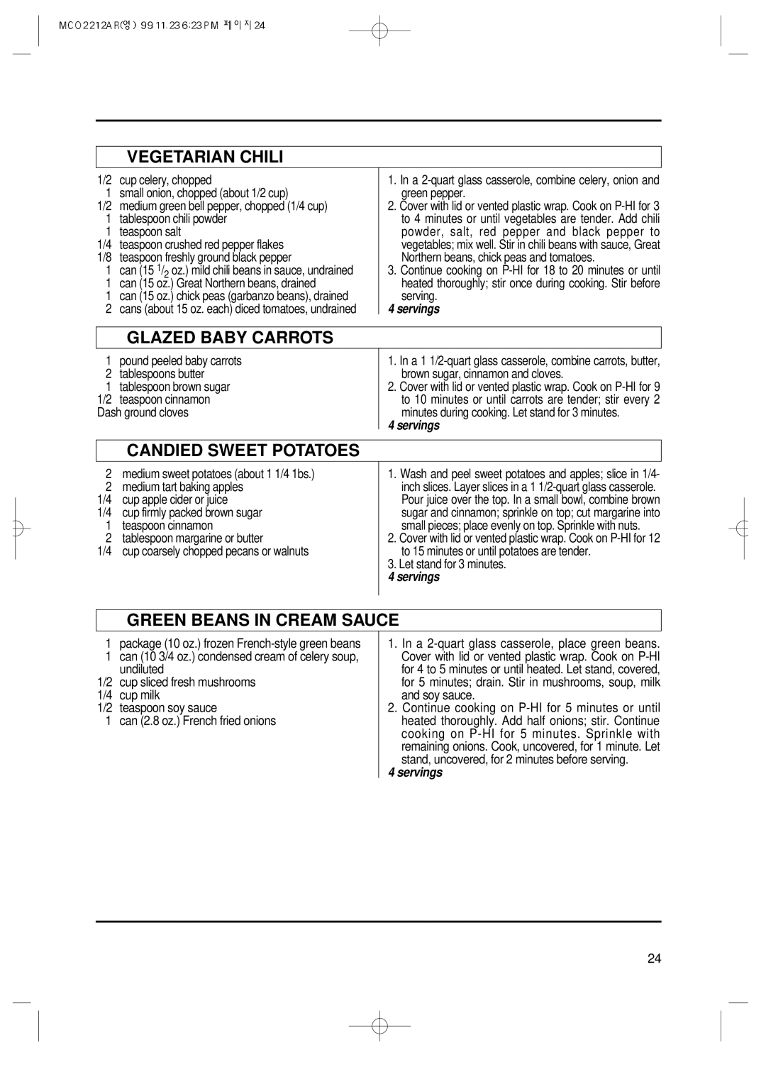 Magic Chef MCO2212AR manual Vegetarian Chili, Glazed Baby Carrots, Candied Sweet Potatoes, Green Beans in Cream Sauce 