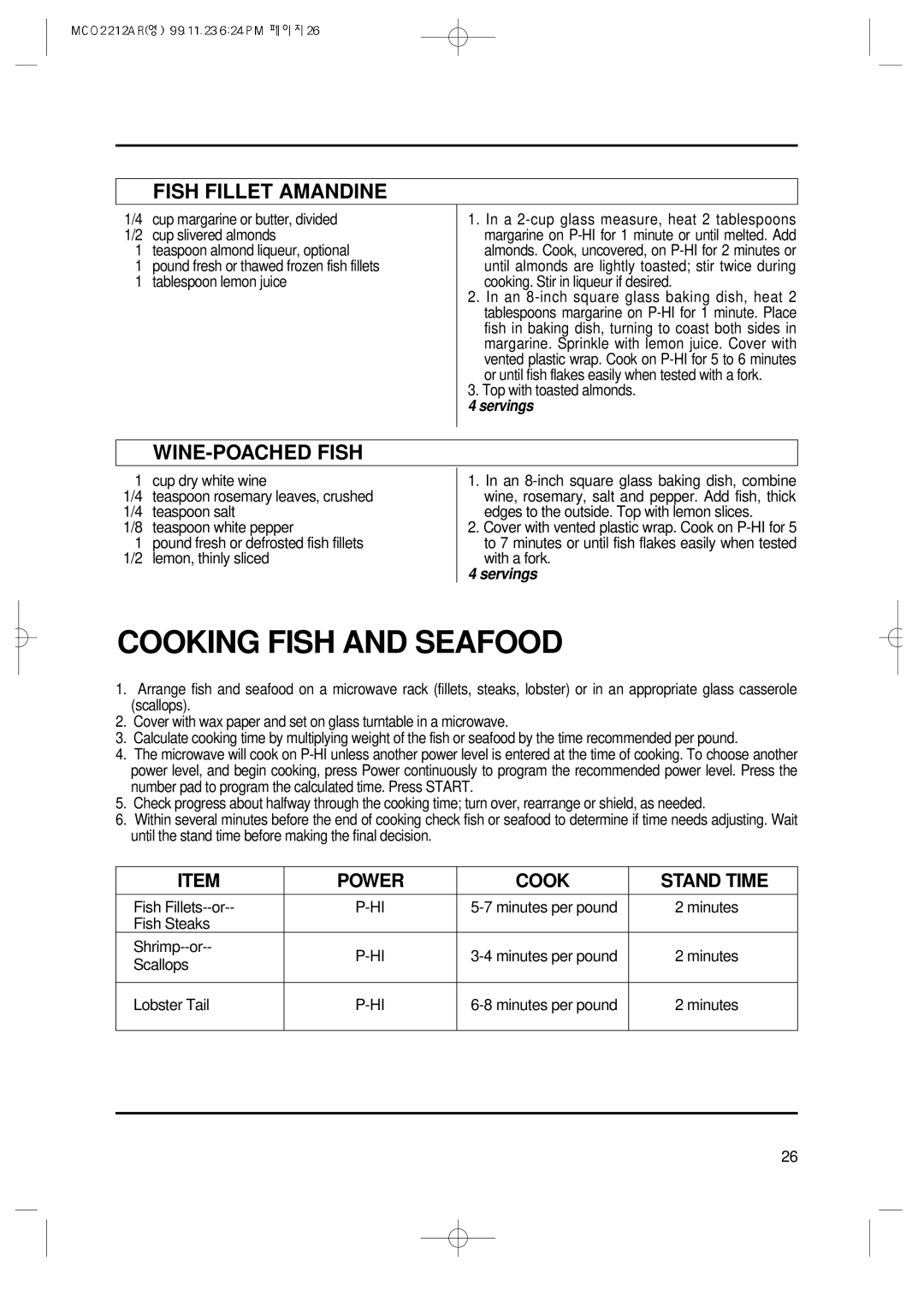 Magic Chef MCO2212AR manual Cooking Fish and Seafood, Fish Fillet Amandine, WINE-POACHED Fish 