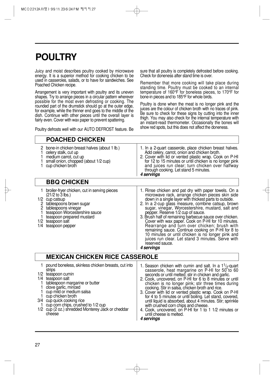 Magic Chef MCO2212AR manual Poultry, Poached Chicken, BBQ Chicken, Mexican Chicken Rice Casserole 