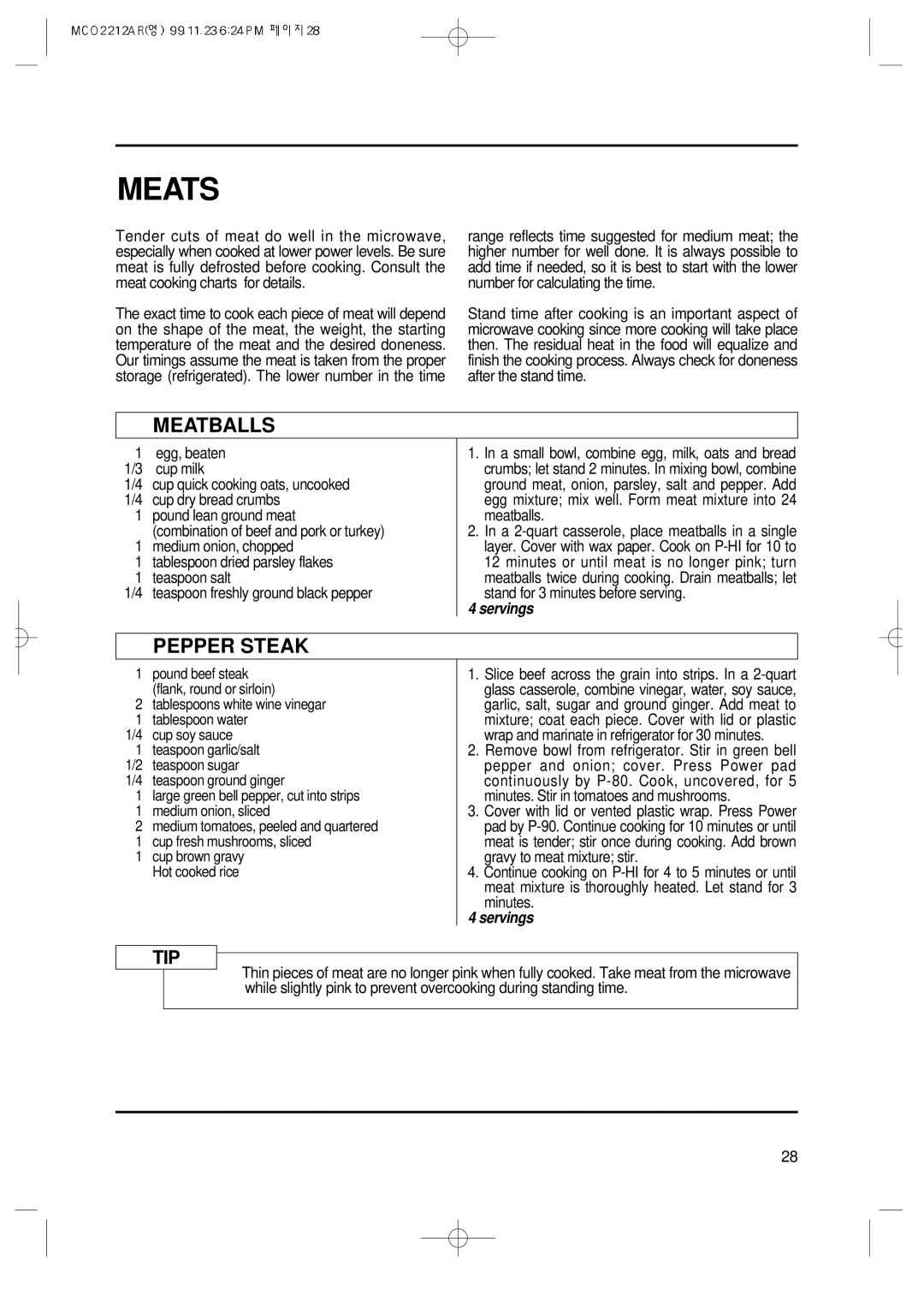 Magic Chef MCO2212AR manual Meats, Meatballs, Pepper Steak 