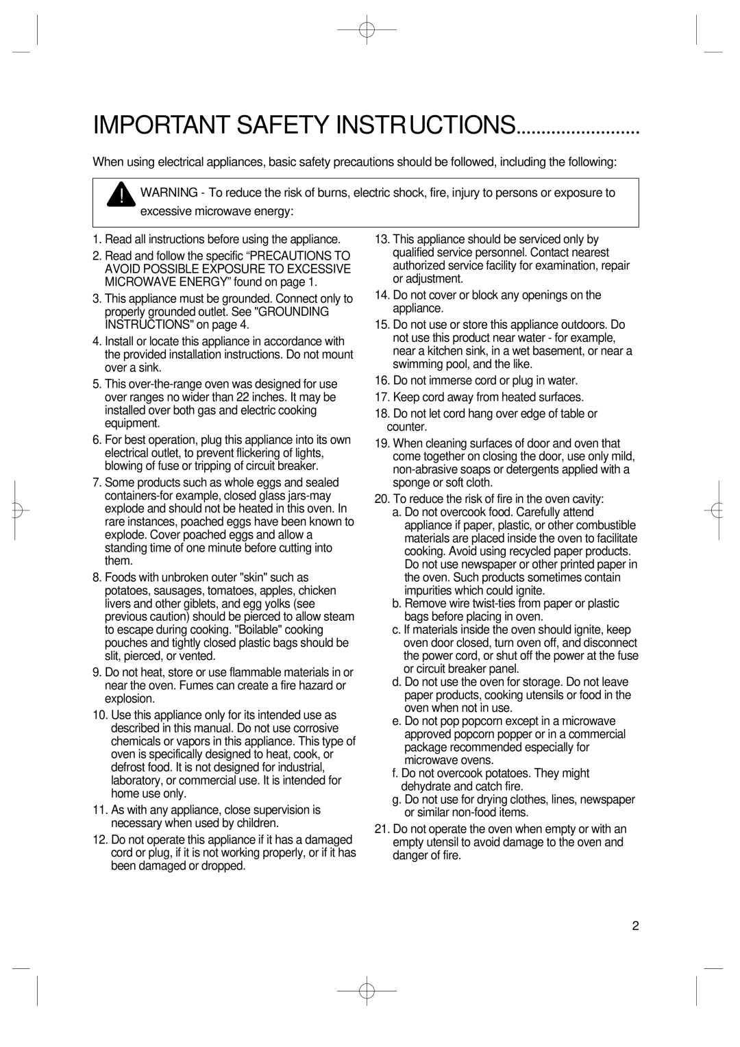 Magic Chef MCO2212AR manual Important Safety Instructions 